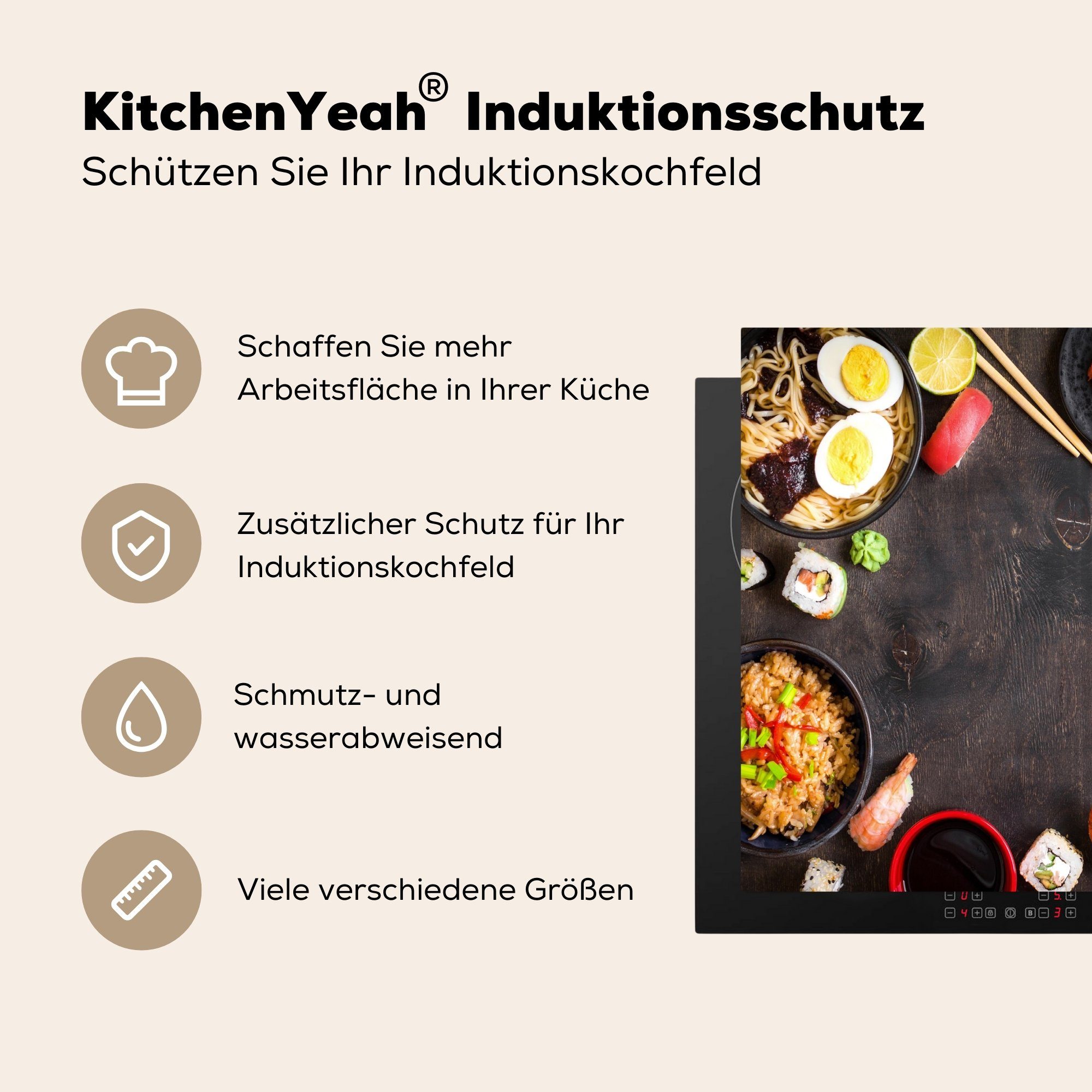 Induktionsschutz, Essstäbchen - tlg), 57x51 Herdblende-/Abdeckplatte MuchoWow - Vinyl, - Gewürze, Sushi cm, Kräuter Induktionskochfeld, (1 Ceranfeldabdeckung