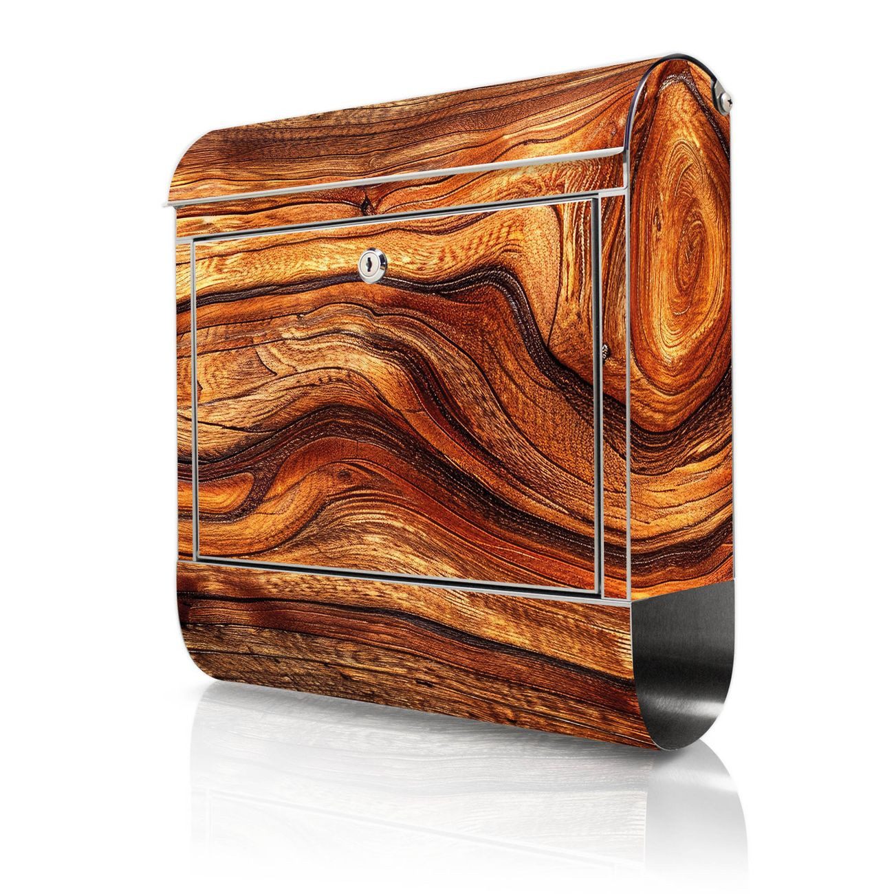 banjado Wandbriefkasten Edelstahl mit Motiv Holz Gemasert Astloch (Wandbriefkasten groß, mit Zeitungsfach), 38 x 42,5 x12 cm