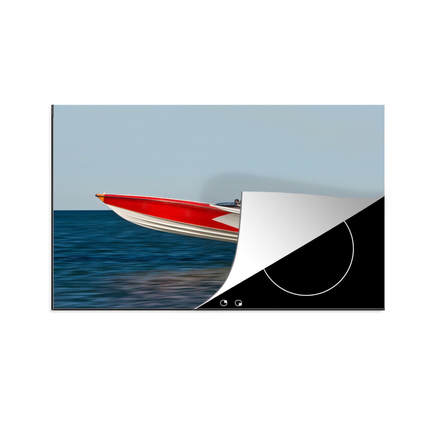 MuchoWow Herdblende-/Abdeckplatte Schnellboot gleitet über das Meer, Vinyl, (1 tlg), 81x52 cm, Induktionskochfeld Schutz für die küche, Ceranfeldabdeckung