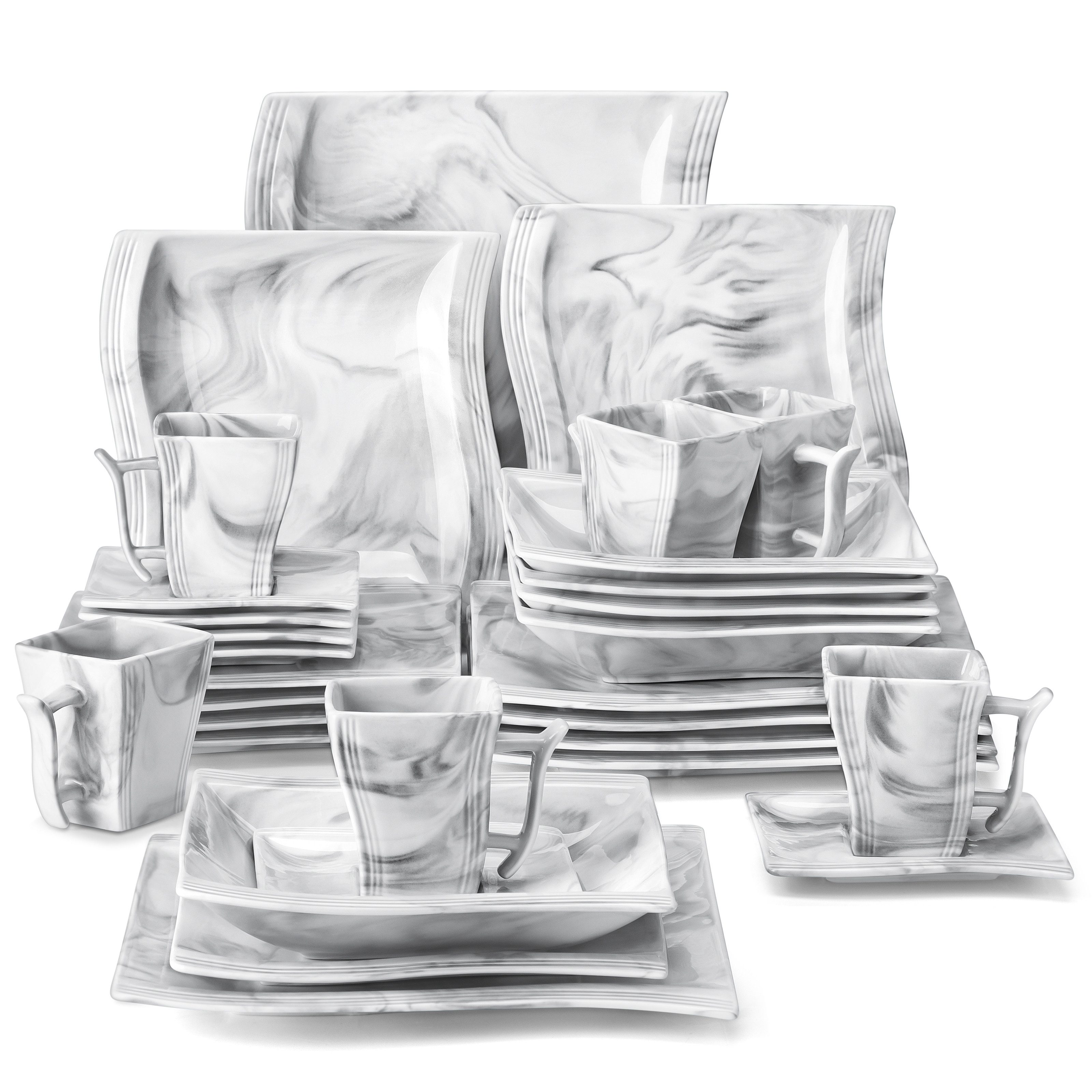 MALACASA Geschirr-Set Tafelservice FLORA für 6/4 Personen Marmor Geschirrset (30-tlg), 6 Personen, Porzellan