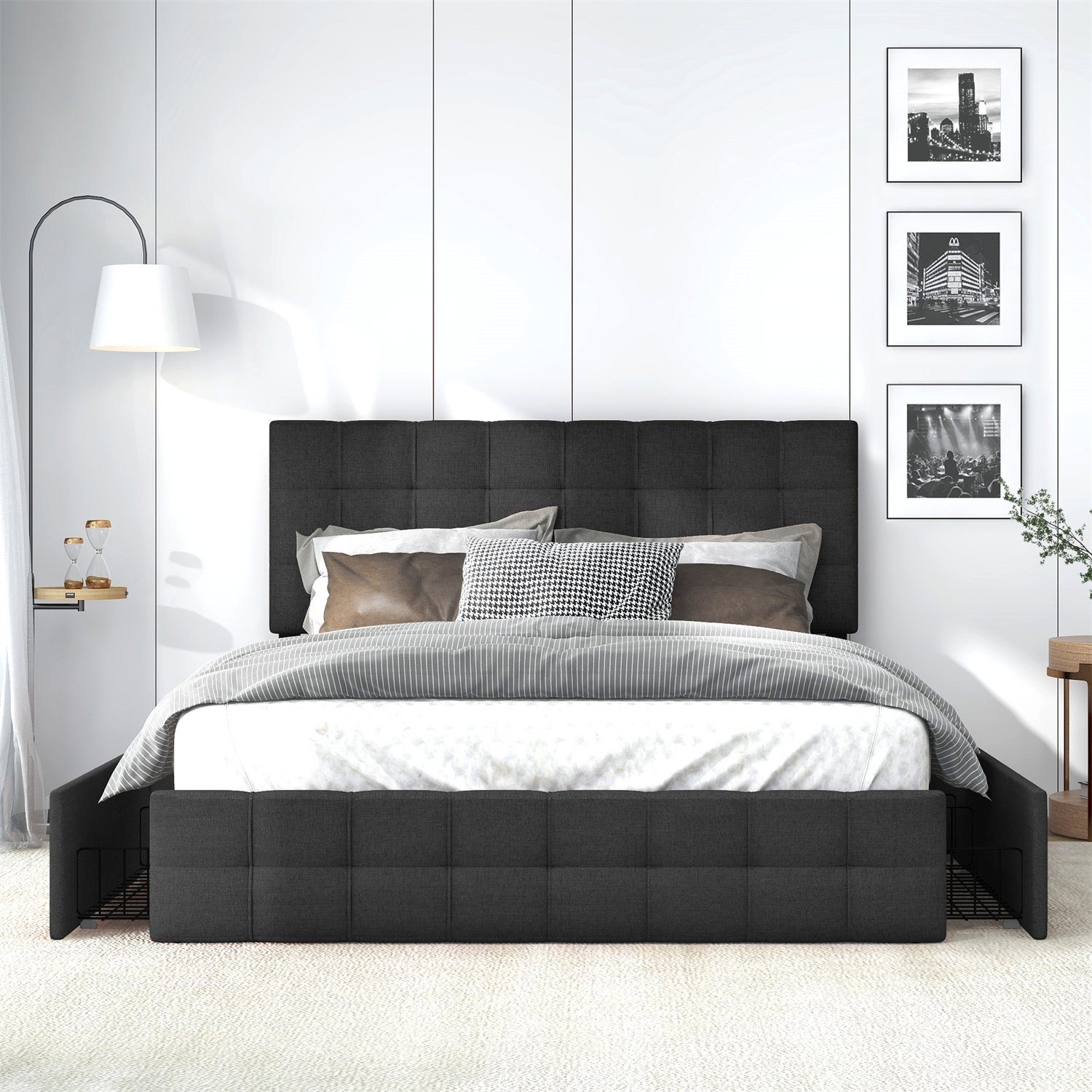 Fangqi Bettgestell 140*200cm gepolstertes 4), (Jugendbett, Schublade Schwarz Kopfteil Leinen, Kopfteil(4xSchubladen) Softwarebett, Schubladenbett, aus Schwarz Kopfteil Bett,höhenverstellbares | verstellbares Familienbett, , x4, 