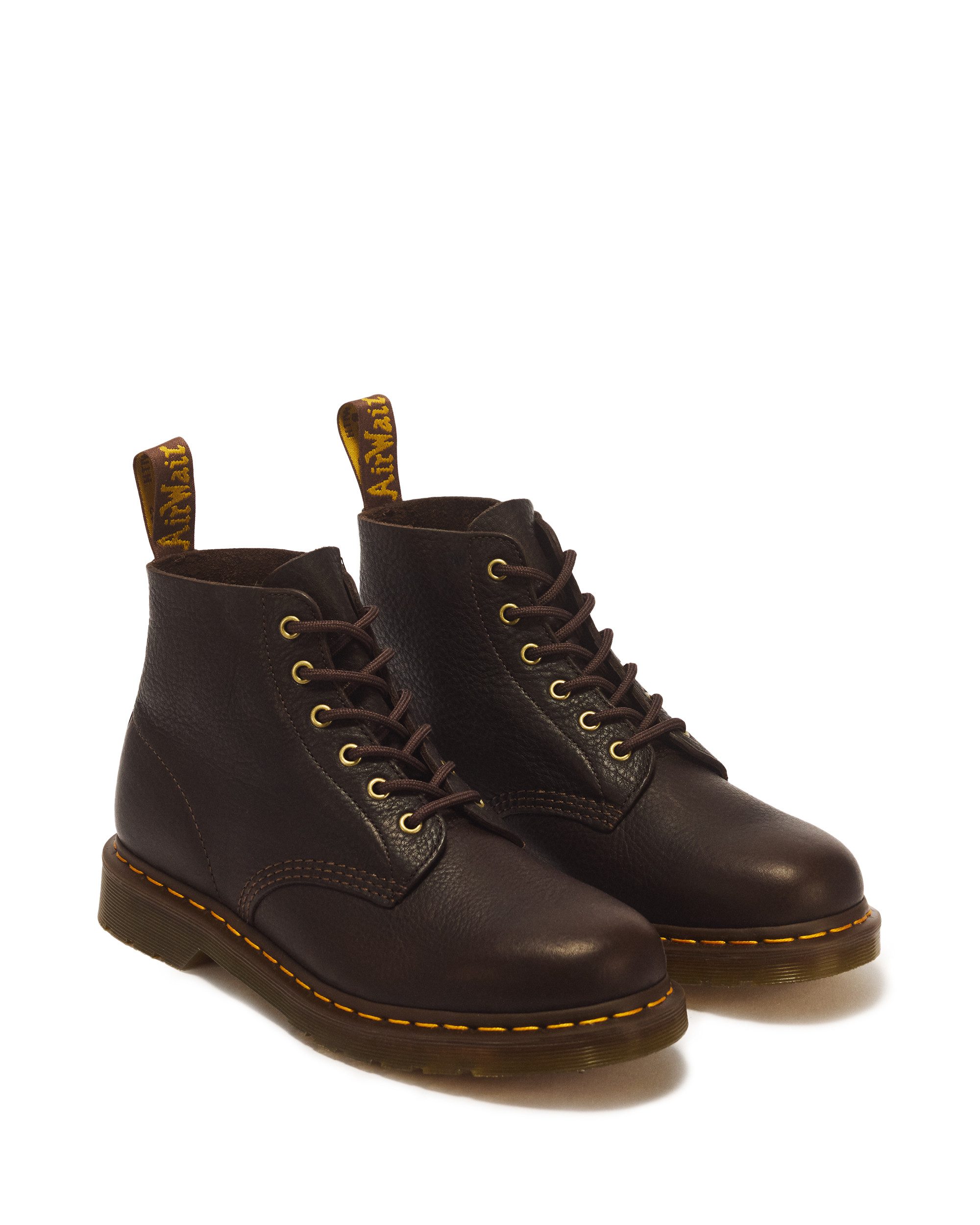 DR. MARTENS 101 Ub Dark Brown Ambassador Schnürboots Schnürstiefelette mit typisch gelber Rahmennaht