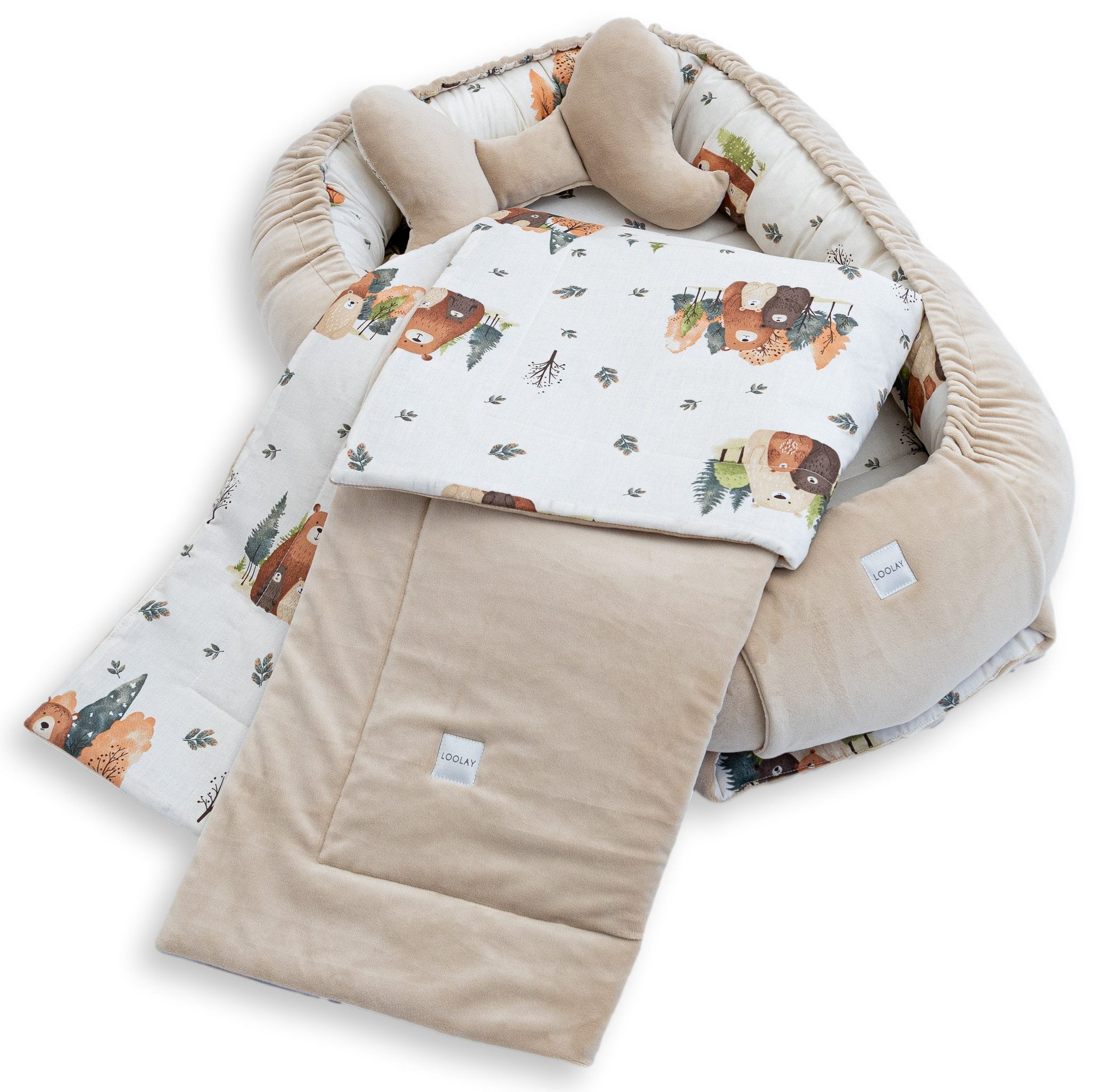 Loolay Kuschelnest BABYNEST 5 TLG. Set PREMIUM Babyausstattung Baumwolle & Samt Velours, (MUSTER: BEIGE Samt Velour/ Beige Bärchen Familie, 5-tlg., Liebevoll ha – Bild 3 von 5