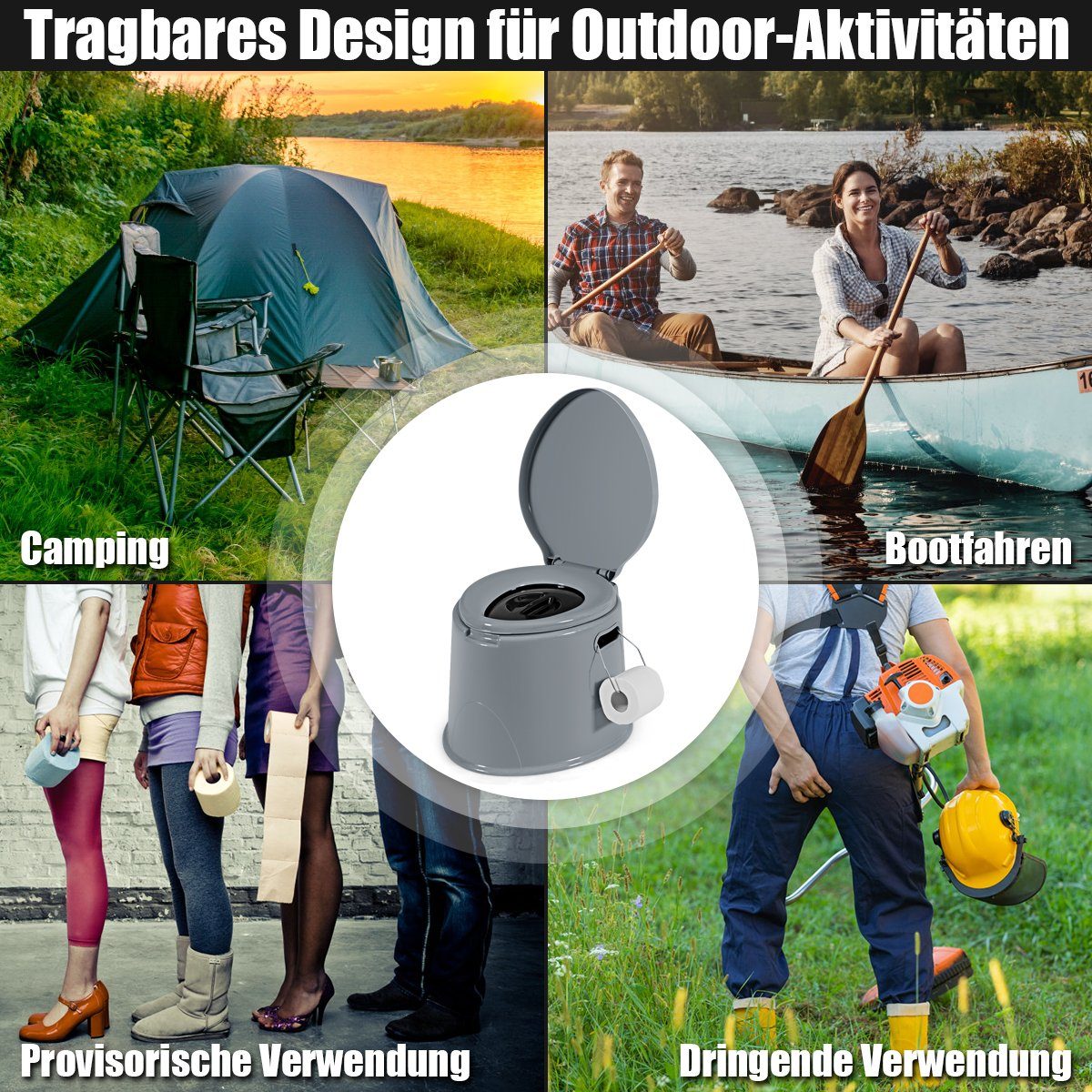 und 41x49x34cm mit Toilettenpapierhalter, Campingtoilette, COSTWAY Grau tragegriff