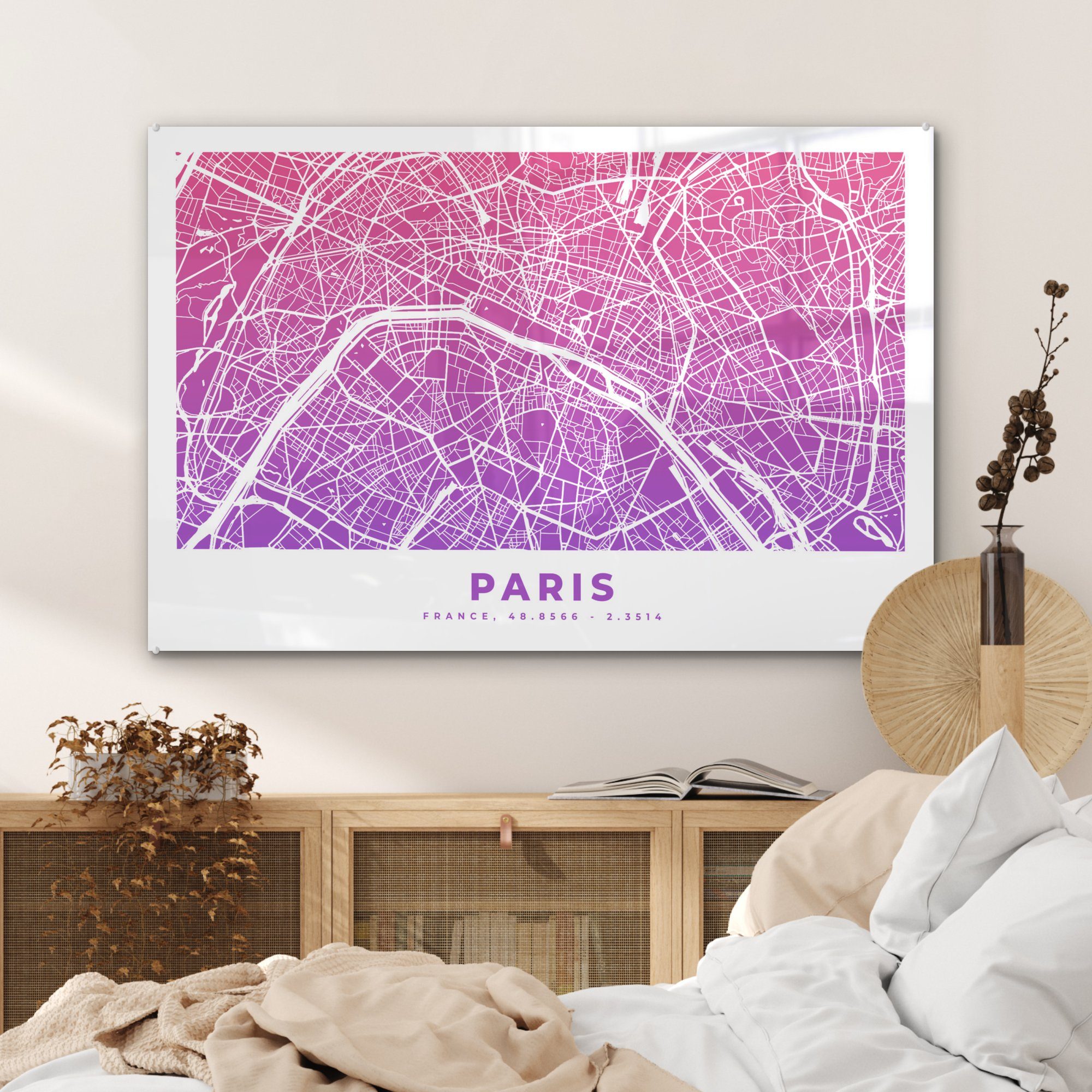 MuchoWow Acrylglasbild Paris - & Wohnzimmer Acrylglasbilder (1 Stadtplan St), - Frankreich, Schlafzimmer