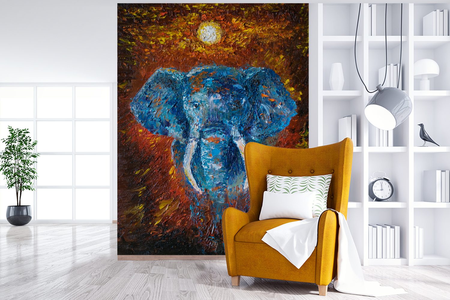 Montagefertig Fototapete Elefant Tapete - für bedruckt, MuchoWow Matt, Wandtapete Wohnzimmer, Impressionismus, (4 Vinyl - St), Ölfarbe