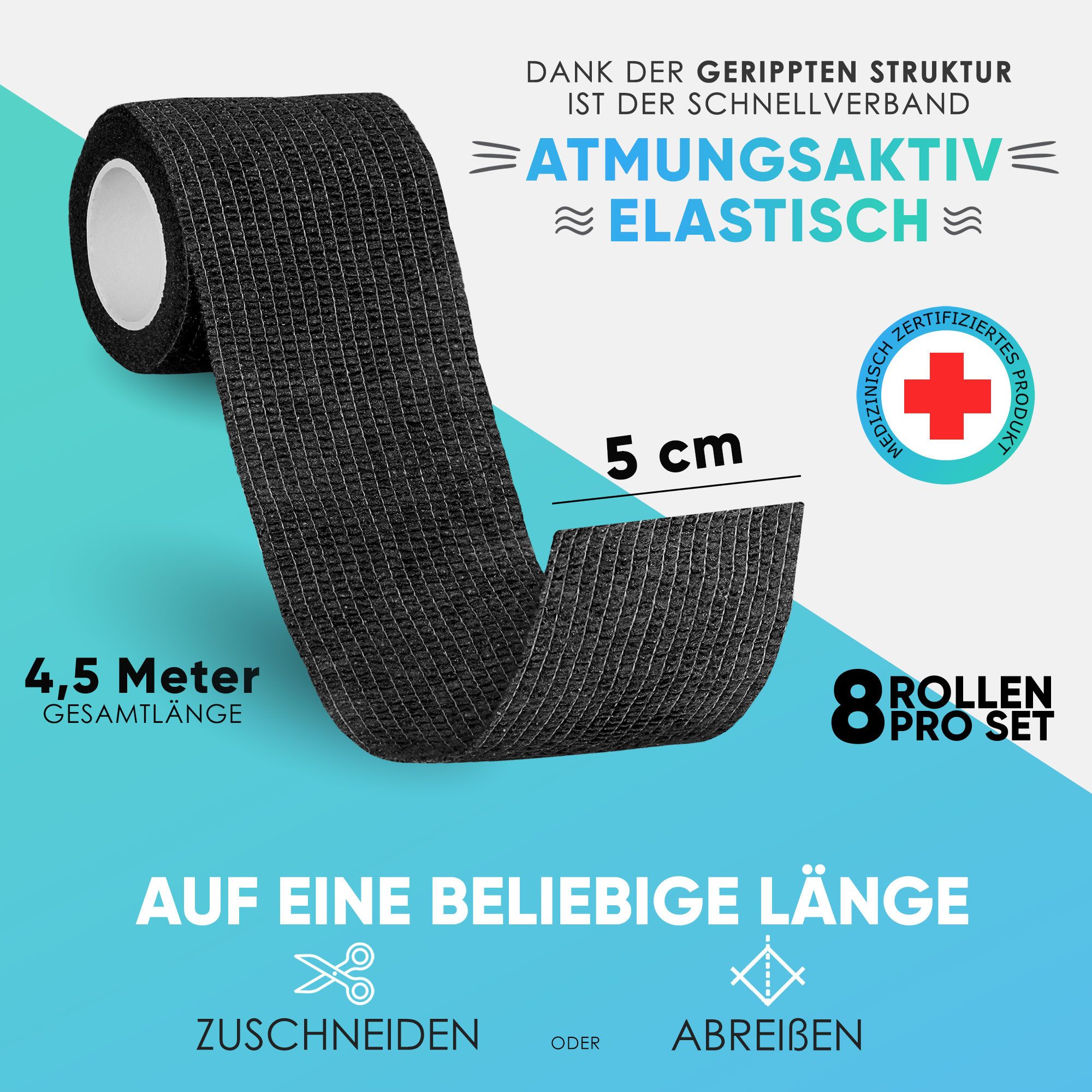 Health Press Bandage Selbstklebender Verband - 8x Pflaster Rolle (5,0cm x 4,5m)