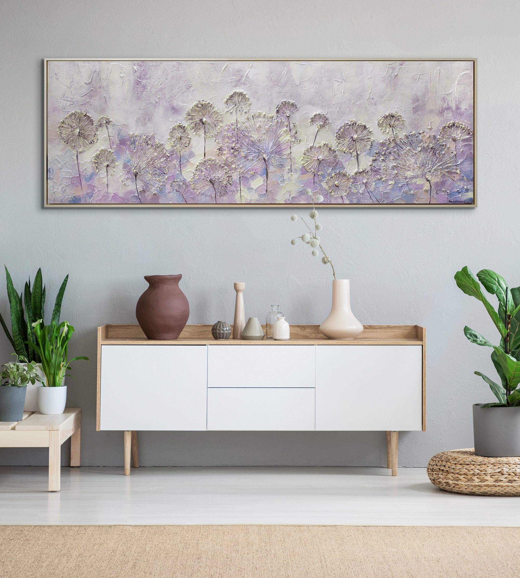 Leinwand Blumen Blumen, Rahmen Frühlingsanfang, Mit Beige Löwenzahn Bild YS-Art Gemälde Lila in Handgemalt