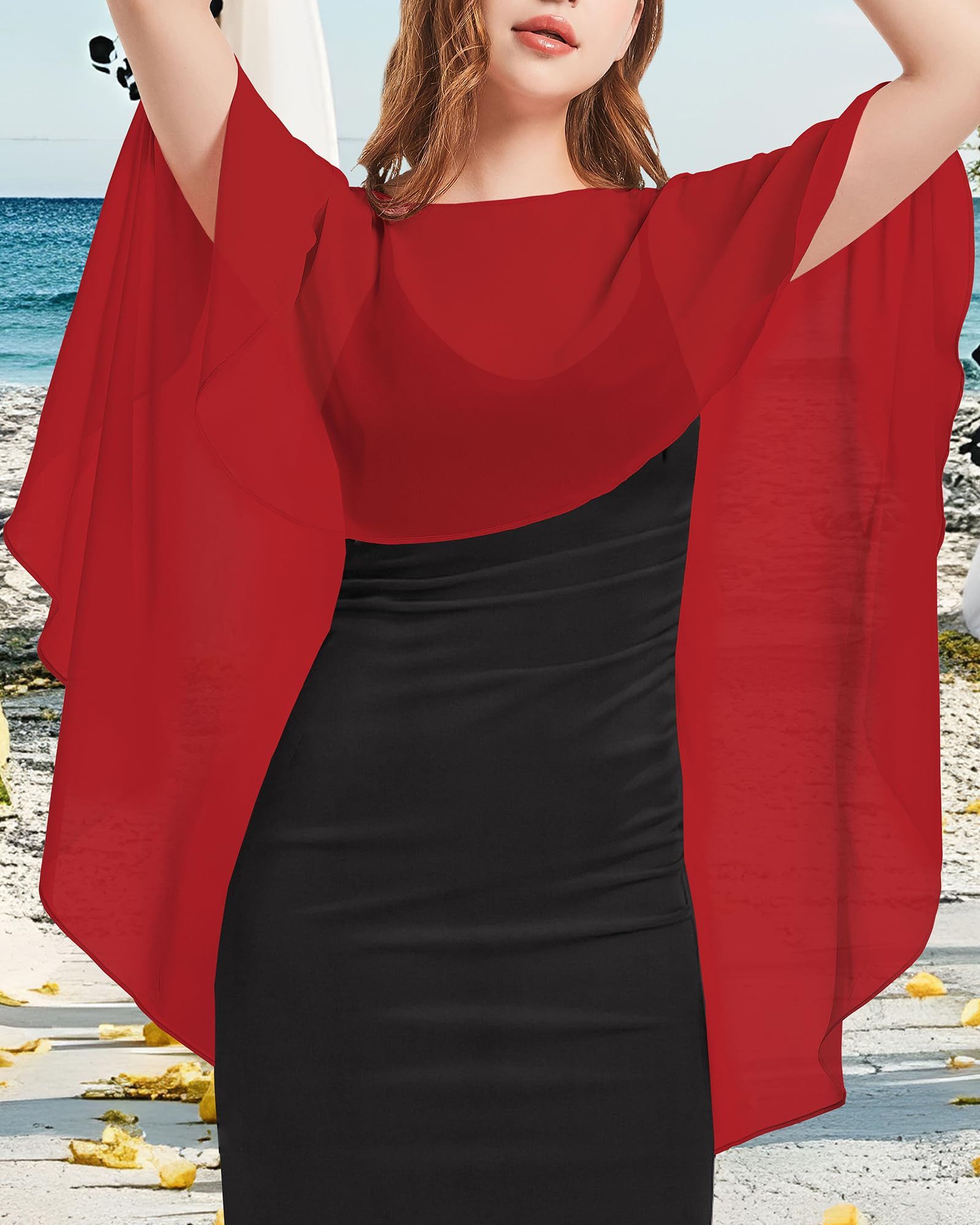 nsihing Bolero Damen Chiffon Cape Schals für Hochzeitskleider Elegantes Bankett Capelets für Hochzeit Braut Abendkleid Brautkleid Sommer – Bild 3 von 5