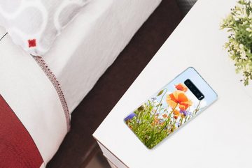 MuchoWow Handyhülle Blumen - Mohn - Frühling - Natur - Rot - Blau, Phone Case, Handyhülle Samsung Galaxy S10+, Silikon, Schutzhülle