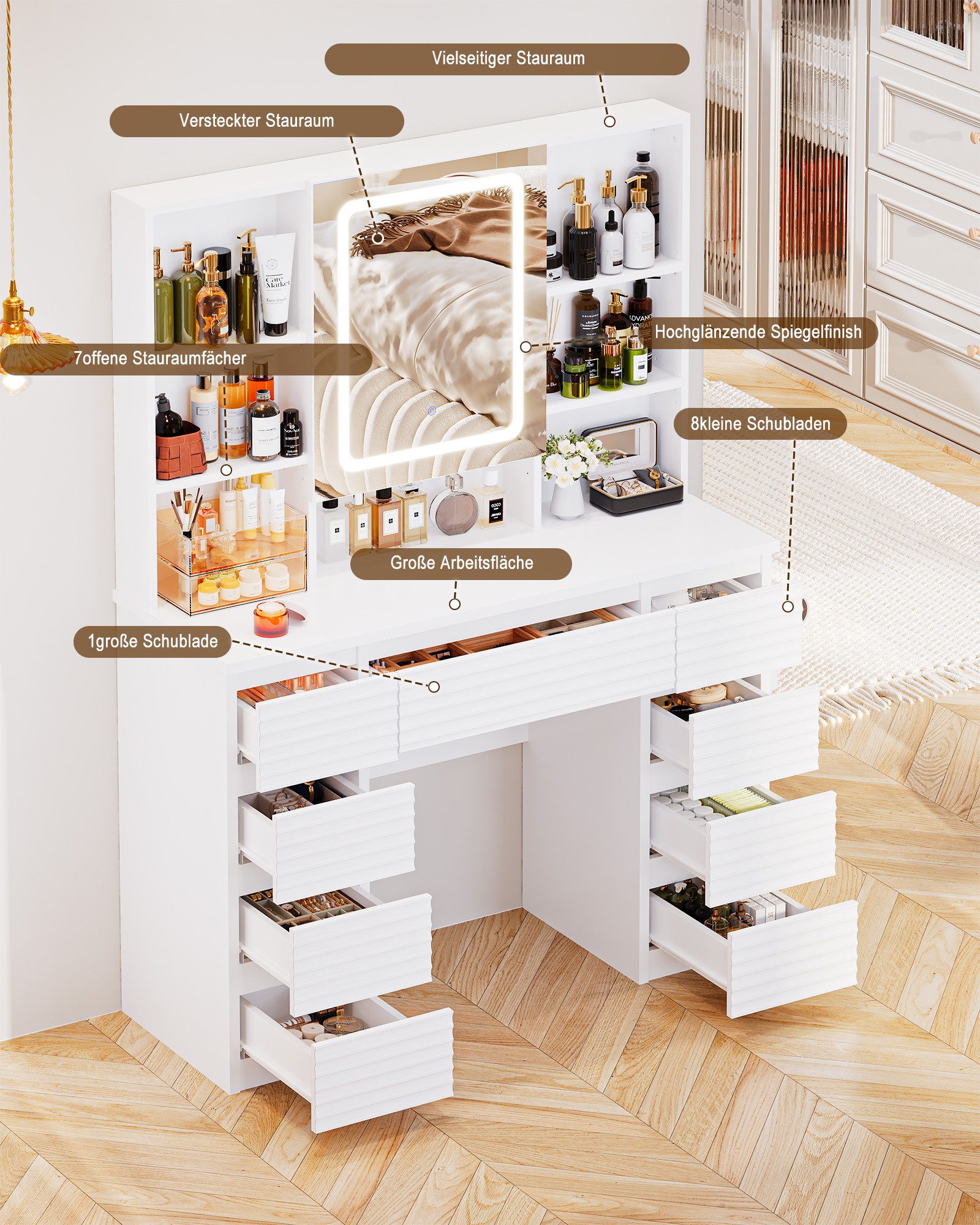 HOMALL Schminktisch LED-Schminkspiegel, schwarz-weißer Schminktisch und Hocker im Set (Kombination aus 9 Schubladen, 7 offenen Fächern und Stauraum hinter dem S – Bild 4 von 5