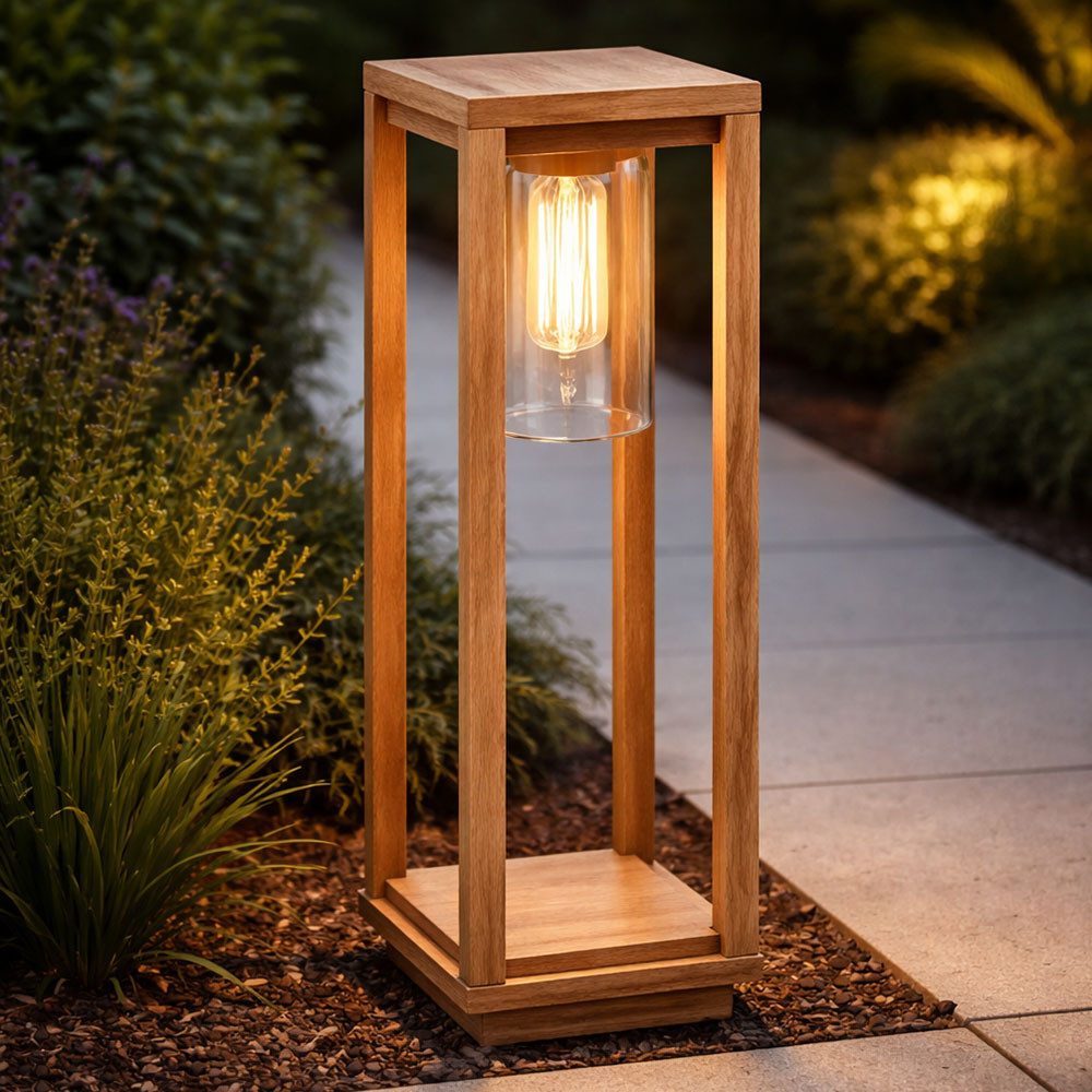 GLOBO LIGHTING Außen-Stehlampe, Leuchtmittel inklusive, Warmweiß, LED Außenleuchte Stehleuchte Sockellampe Holzoptik Aluminium H 50 cm