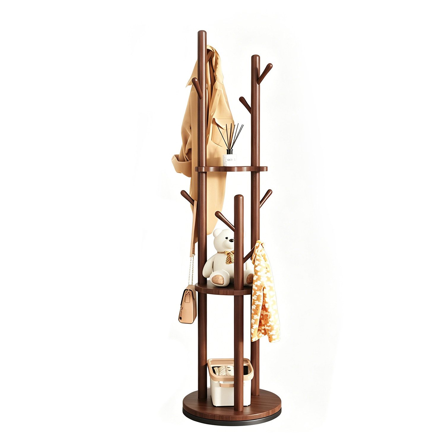 OSTWOLKE Garderobenständer Drehbarer Kleiderständer aus Massivholz mit 3 Ablage und 8 Haken, stabil & einfach zu montieren, für Flur, Schlafzimmer, 165×40×40 cm