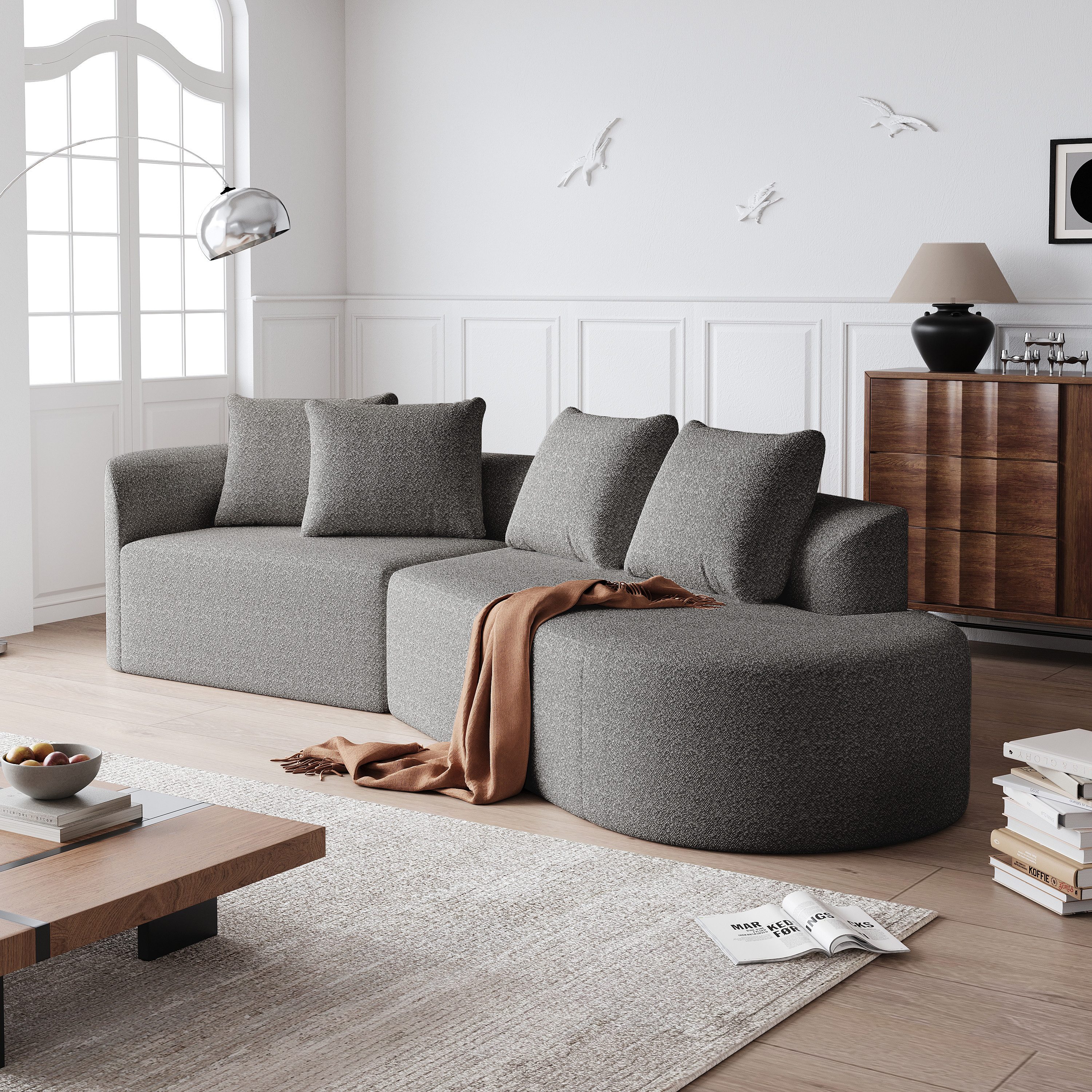 STILVORA Ecksofa mit Kissen,runder Schlafsofa Loungesofa kombinierbar aus Chenille, mit extra tiefer Sitzfläche & 4 Kissen 1 Teile, mit Relaxfunktion