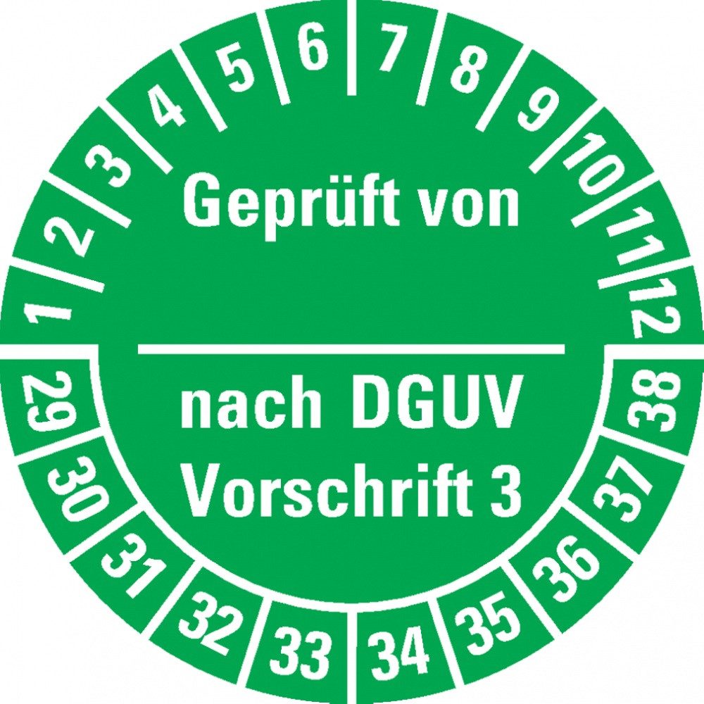 Hinweisschild Prüfplakette geprüft DGUV Vorschrift 3, 29-38, grün, Folie, Ø 25mm, 21
