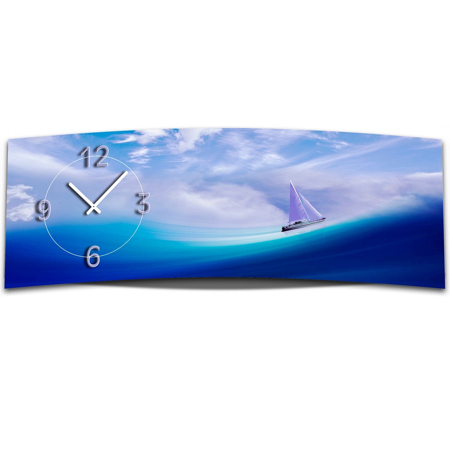 dixtime Wanduhr Wanduhr XXL 3D Optik Dixtime blau Meer Schiff 30x90 cm leises Uhrwerk (Einzigartige 3D-Optik aus 4mm Alu-Dibond)
