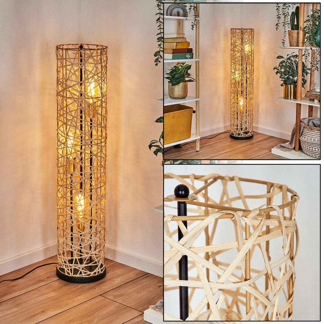 Stehlampe Stehlampe aus Metall/Bambus in Schwarz/Gold/Natur mit Lichteffekt