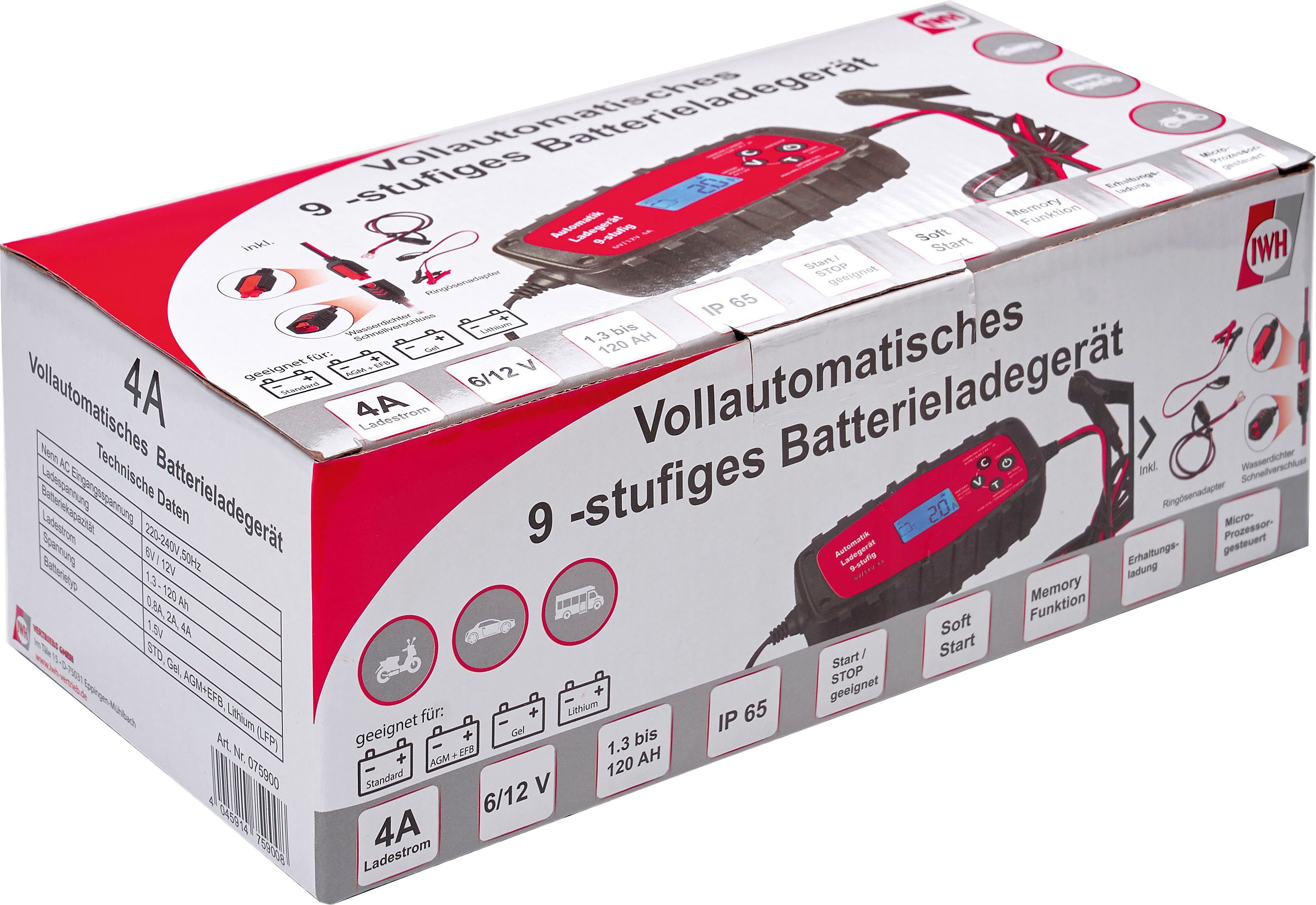 IWH 4A, (für von GEL, Autobatterie-Ladegerät Arten Blei-Säure-Batterien, 6/12V, LiFePO4) STD, 075900 alle AGM,