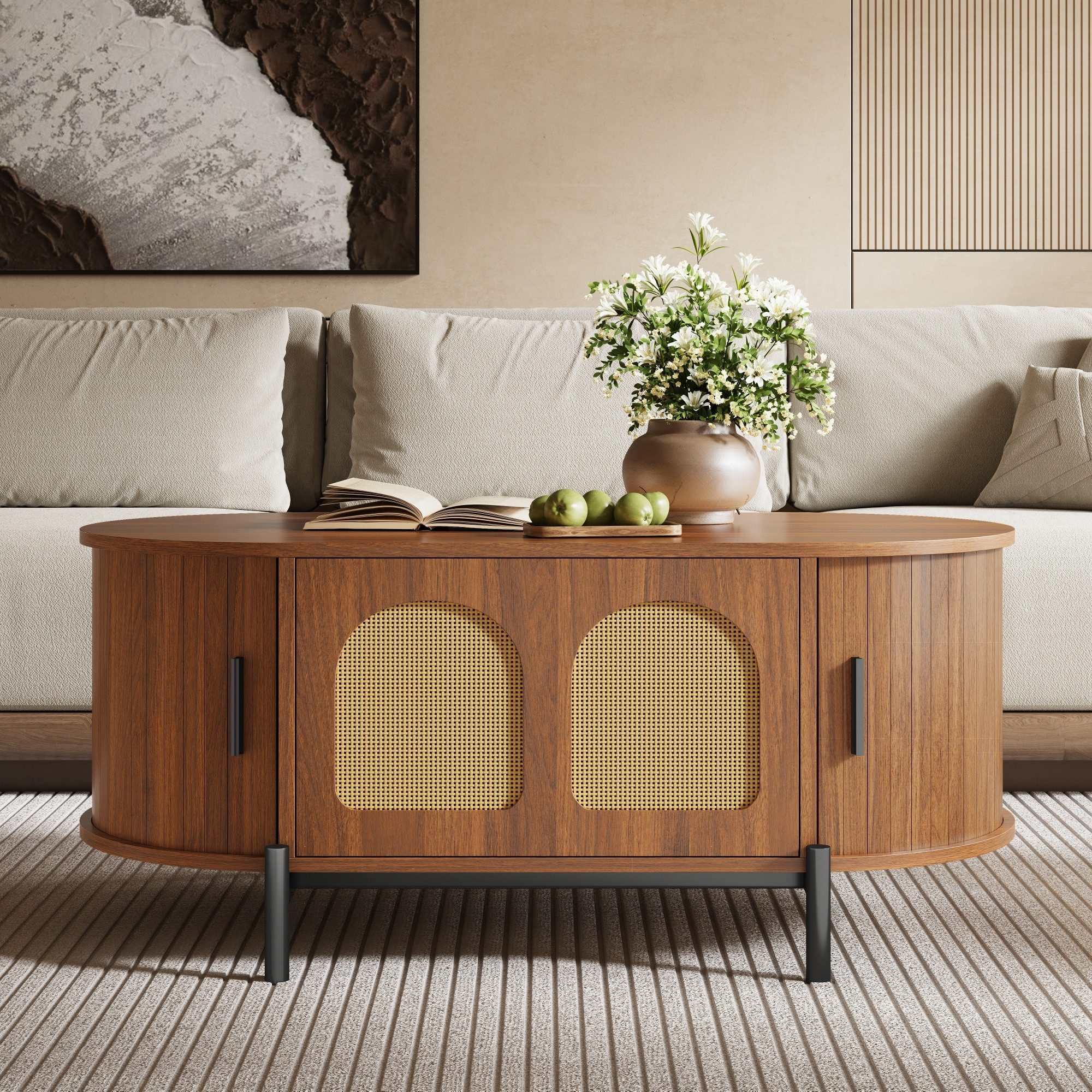 Merax Couchtisch Oval Sofatisch Skandinavisch Beistelltisch mit Rattan-Oberfläche (100 x 50 x 40 cm, 1-St), Wohnzimmertisch mit Klapptür, 2 Schiebetüren, Staura – Bild 3 von 5