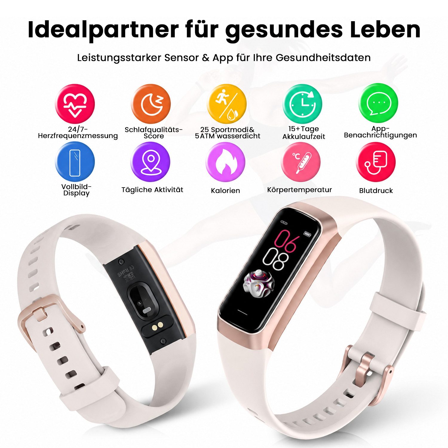 MOPUEA Smartwatch mit Blutdruckmessung mit 70+ Zifferblätter &25 Sportmodi Smartwatch – Bild 5 von 5