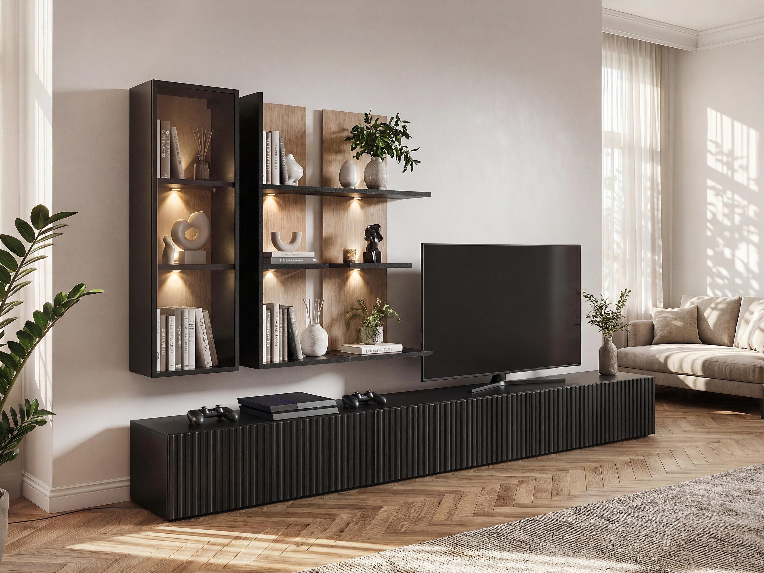 MIRJAN24 Wohnwand Soul, (4er-Set, TV-Lowboard, 2x Wandregal, Hängevitrine), Weißer LED-Beleuchtung, Push to open