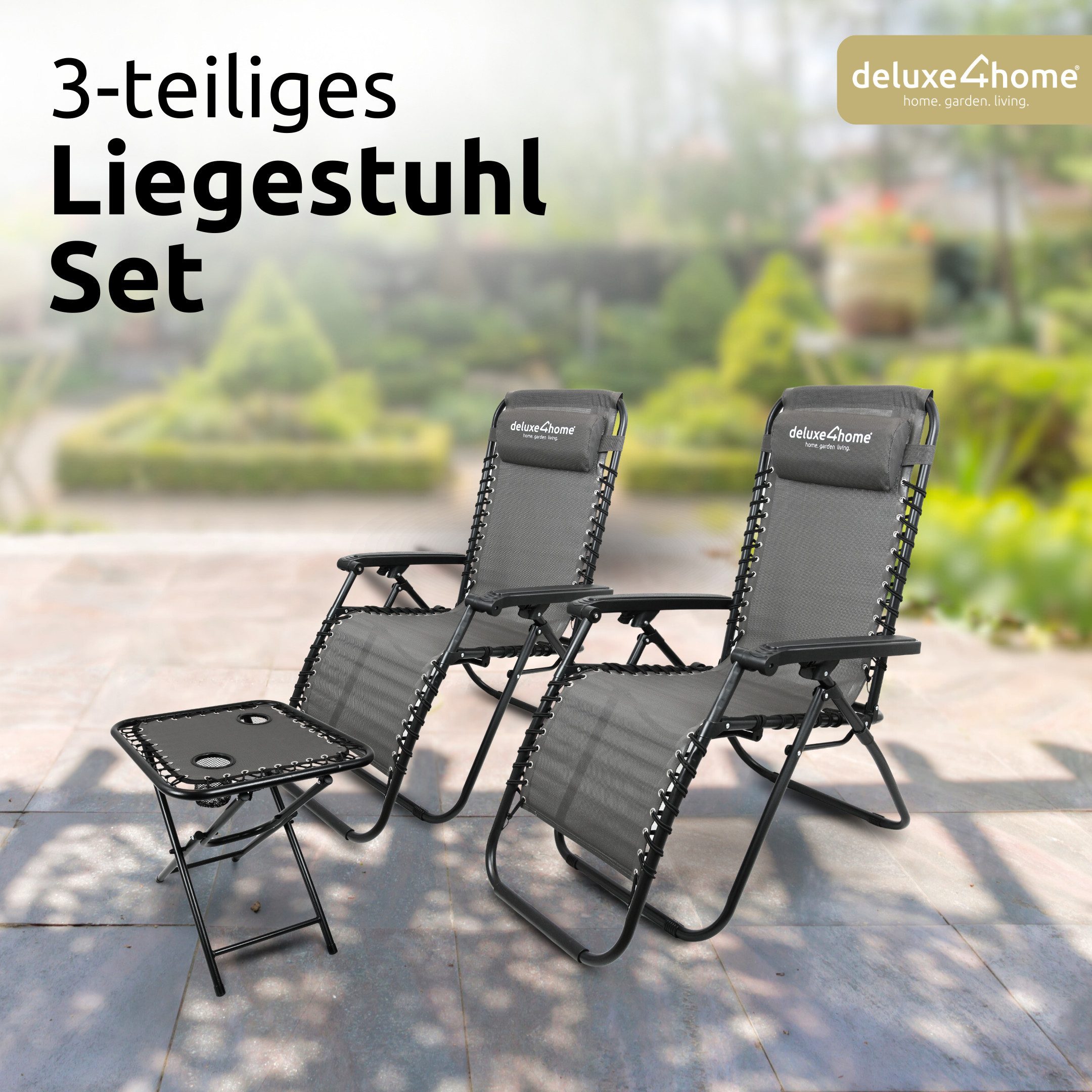 deluxe4home Gartenliege Liegestuhl Set mit Klapptisch I Gartenstuhl Klappbar I Liege Anthrazit, 3-teilig, Flexibles Gewebe – Bild 2 von 5