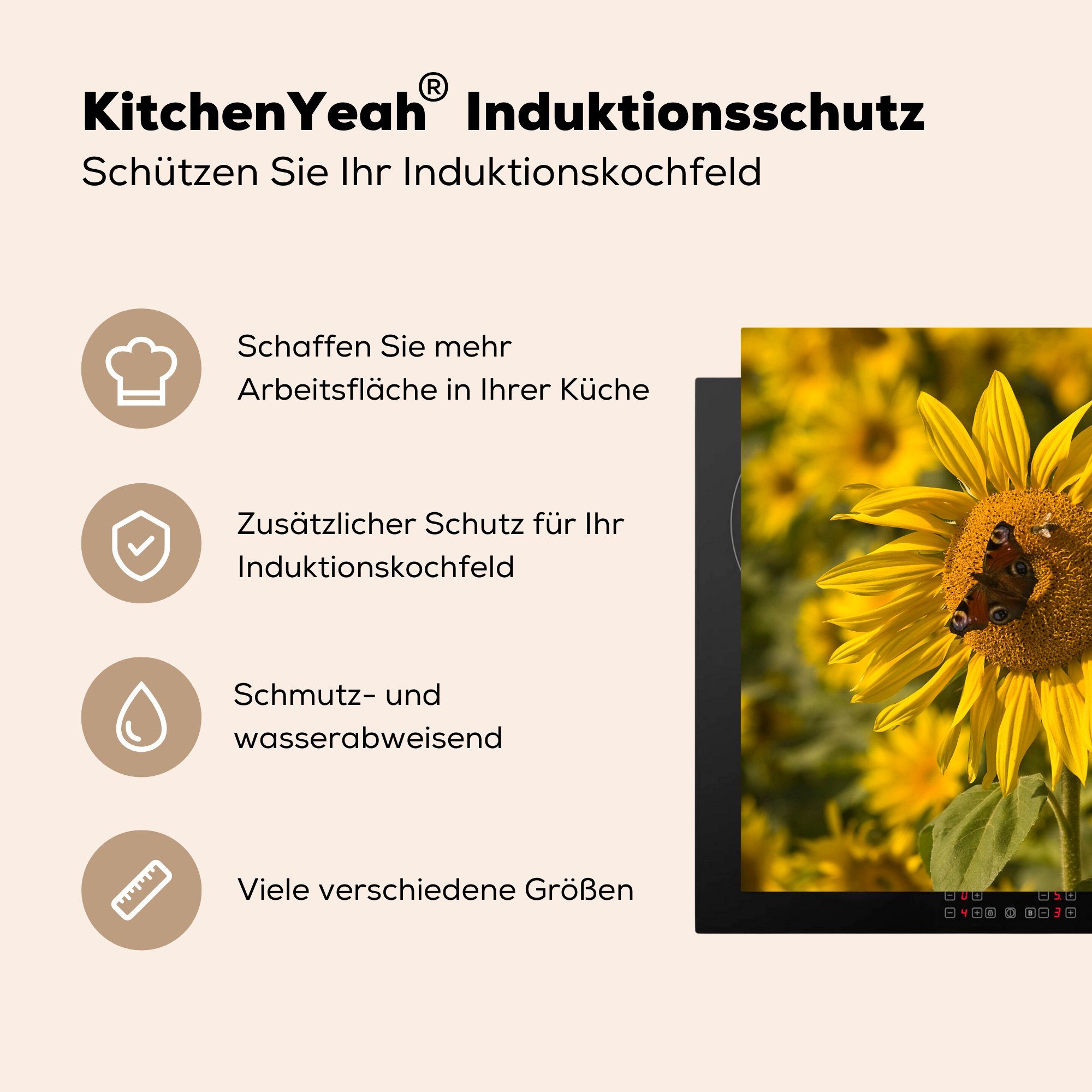 Herdblende-/Abdeckplatte Arbeitsplatte einer cm, küche (1 auf Tagpfauenauge Ceranfeldabdeckung, Schmetterling für MuchoWow Sonnenblume, 78x78 tlg), Vinyl,