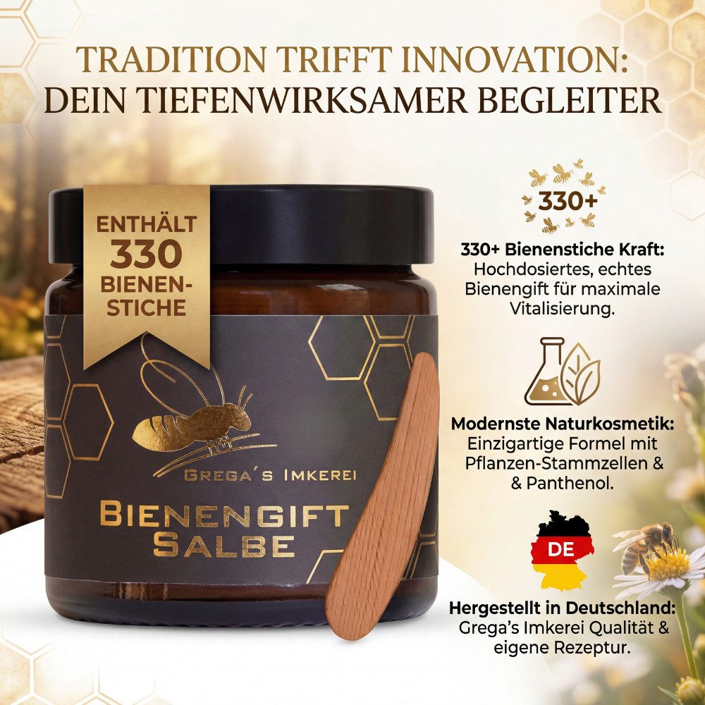 Grega´s Imkerei Körpercreme Bienengiftsalbe 100 ml - Derma Test „Sehr gut“ inkl. Massivholz Cremespatel, 1-tlg., Hochkonzentrierte Muskel- und Gelenkpflege mit ca. 330 Bienenstichen