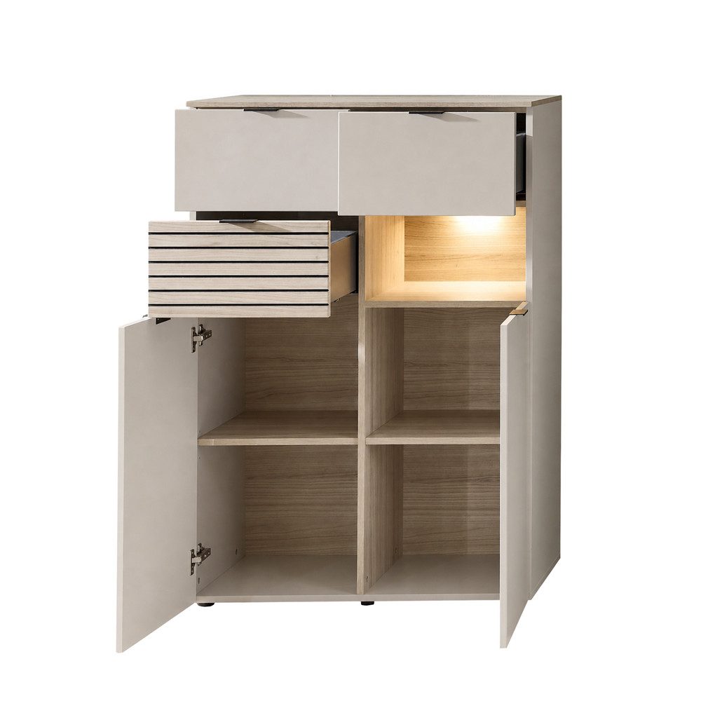 Lomadox Highboard ISCHIA-36, inkl. LED Beleuchtung, Beige mit Eiche, 84 cm breit, Softclose