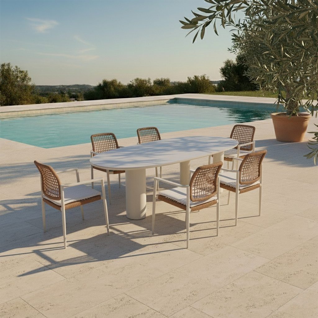 CASA DOMA Gartentisch Lioni, Säulentisch 260x115 cm, Sinterstein, Gestell Aluminium cream
