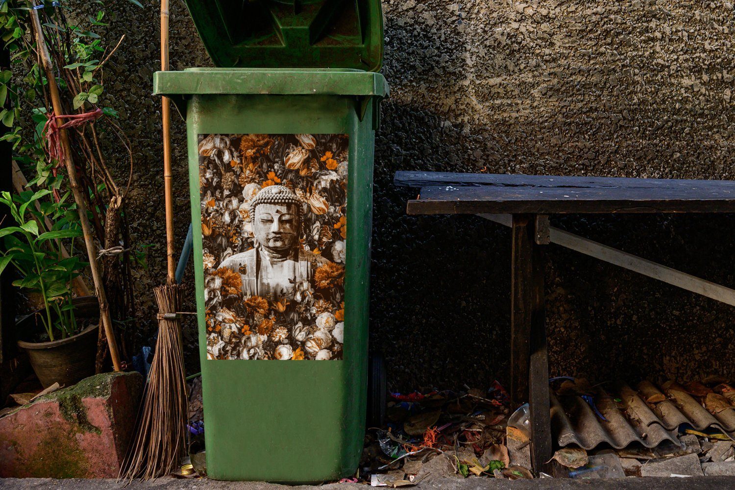 MuchoWow Wandsticker Buddha Mülleimer-aufkleber, - St), (1 Mülltonne, - Blumen Container, Gesicht Sticker, Abfalbehälter