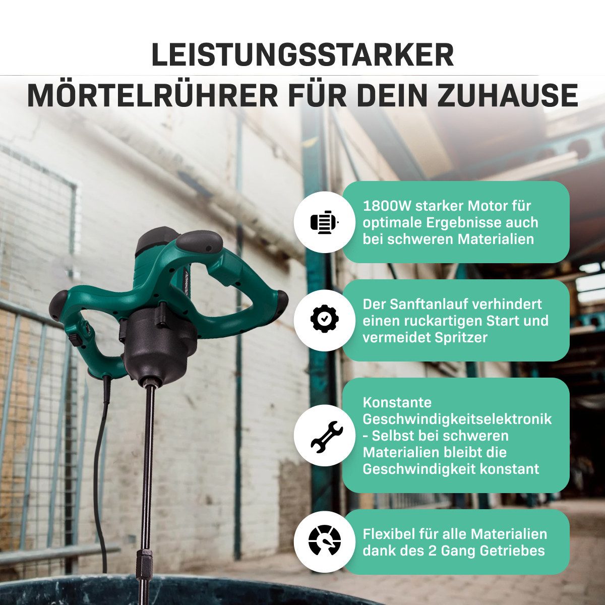 VONROC Betonmischer Mörtelrührer inkl. Rührwerk, (Set, Zementmischer Vonroc), Quirl mit Sanftanlauf - 2 Geschwindigkeitsmodi