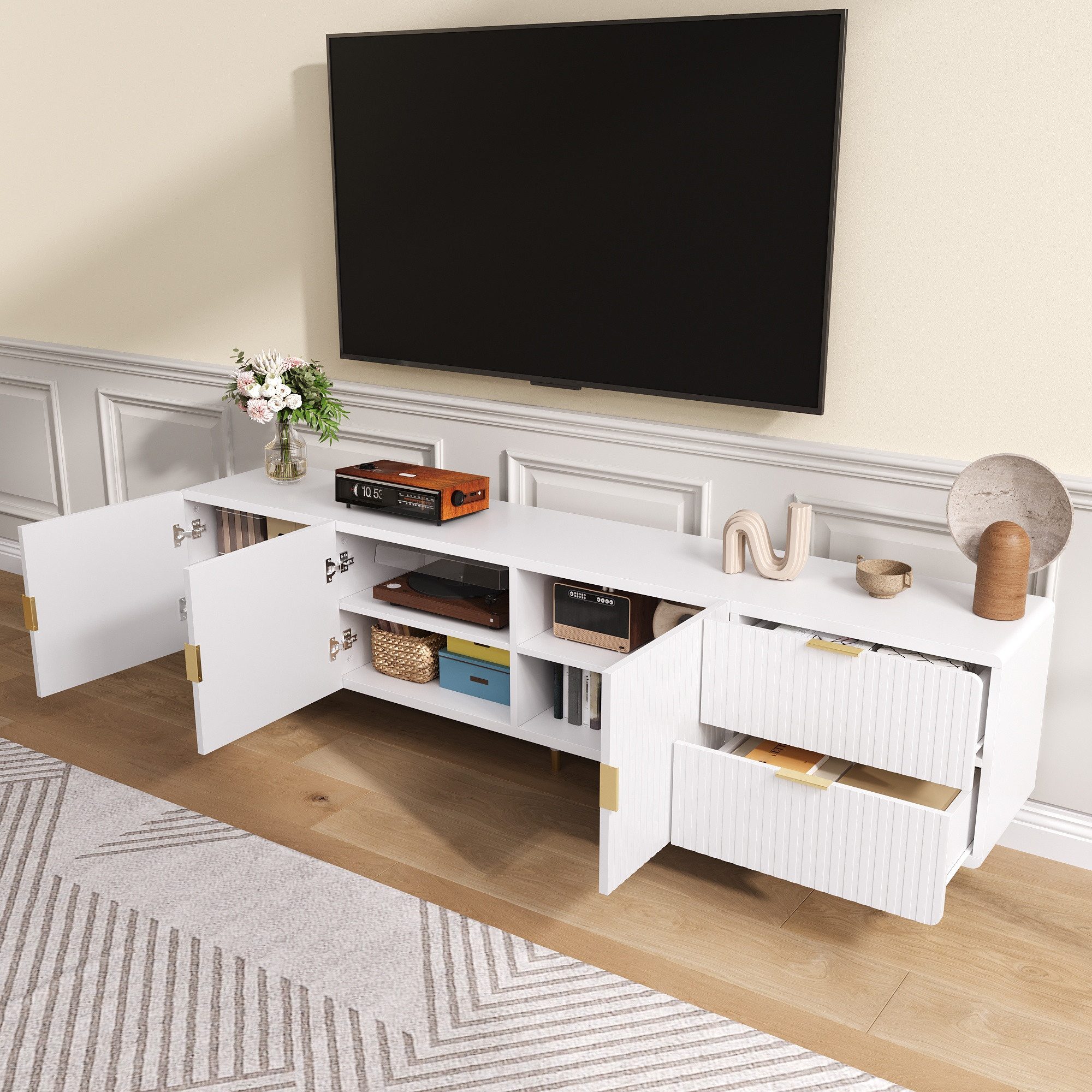 KLAM HOME Lowboard TV-Schrank mit Schubladen, TV-Möbel mit goldenen Griffen, 170*36*55cm, goldenen Beinen und verstellbaren Füßen, Türen mit Regalen