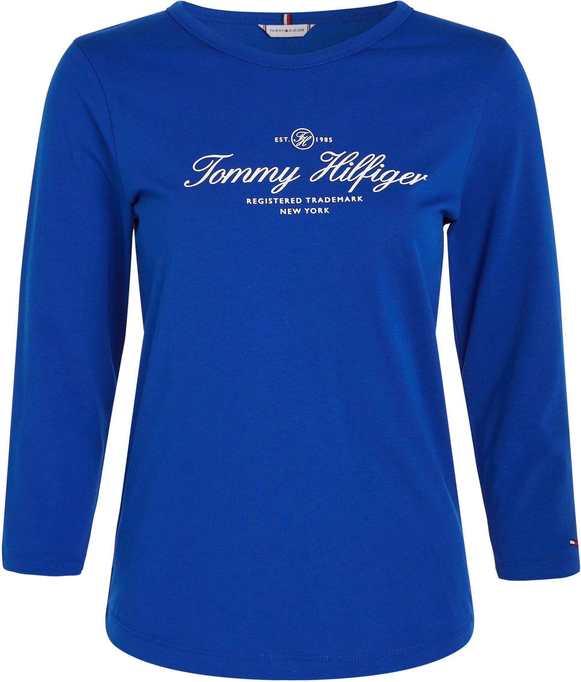 SIGNATURE Tommy Langarmshirt Logo-Schriftzug NK mit Signature SLIM OPEN blau Tommy 3/4SLV Hilfiger Hilfiger