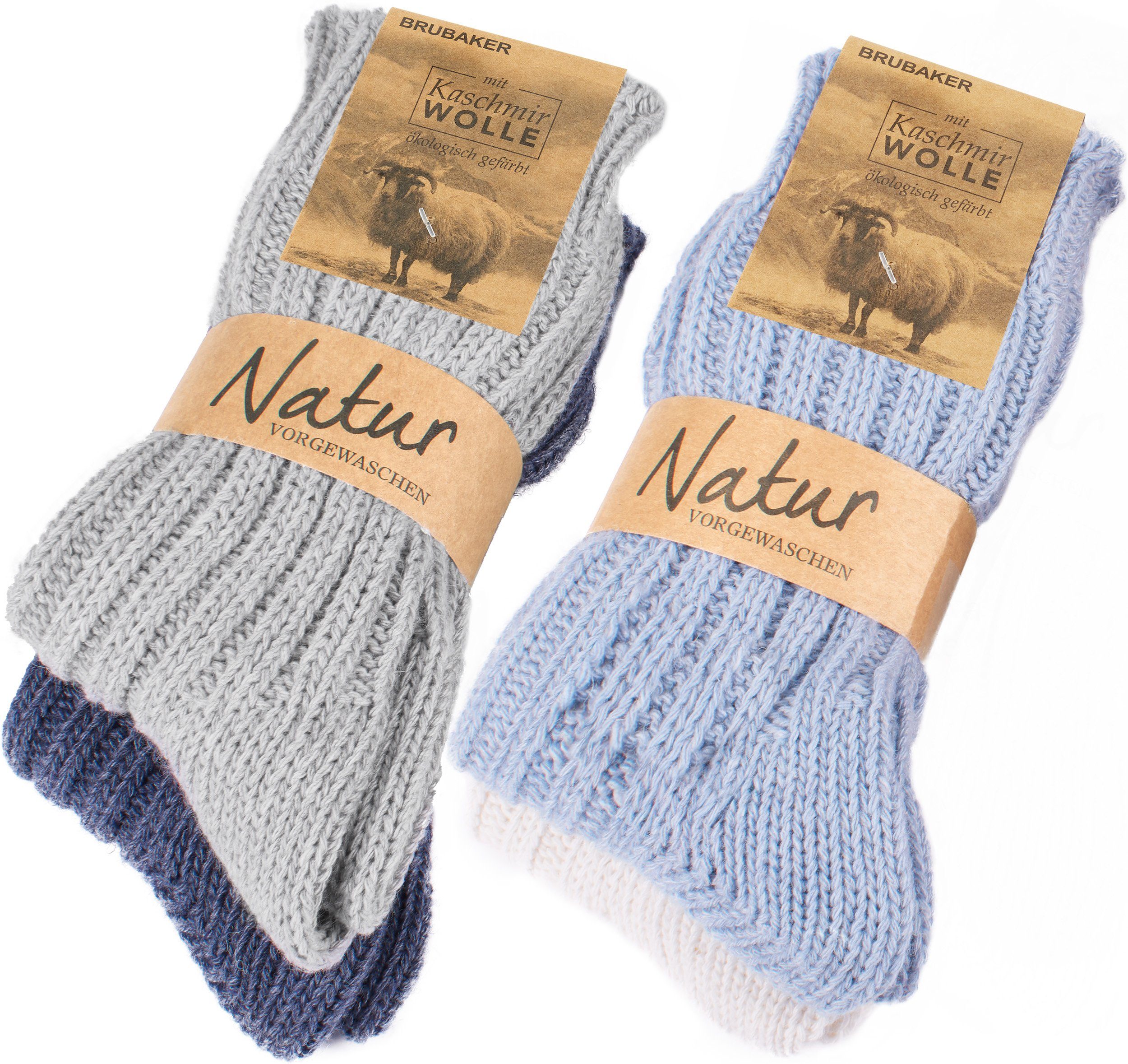 BRUBAKER Kuschelsocken warme Grobstrick Blau, und und 40% für (4-Paar, und Schafswolle Beige Herren 48% Damen Kaschmir-Socken Anteil) Wintersocken Grau Cashmere