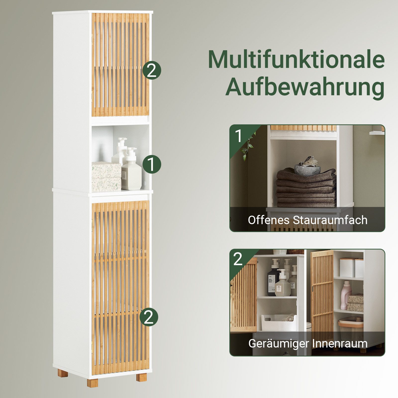 SoBuy Hochschrank BZR127, Badezimmerschrank schmal, Badregal Badschrank Badezimmermöbel Beistellschrank Badkommode, mit Bambustüren, verstellbaren Ablagen – Bild 5 von 5