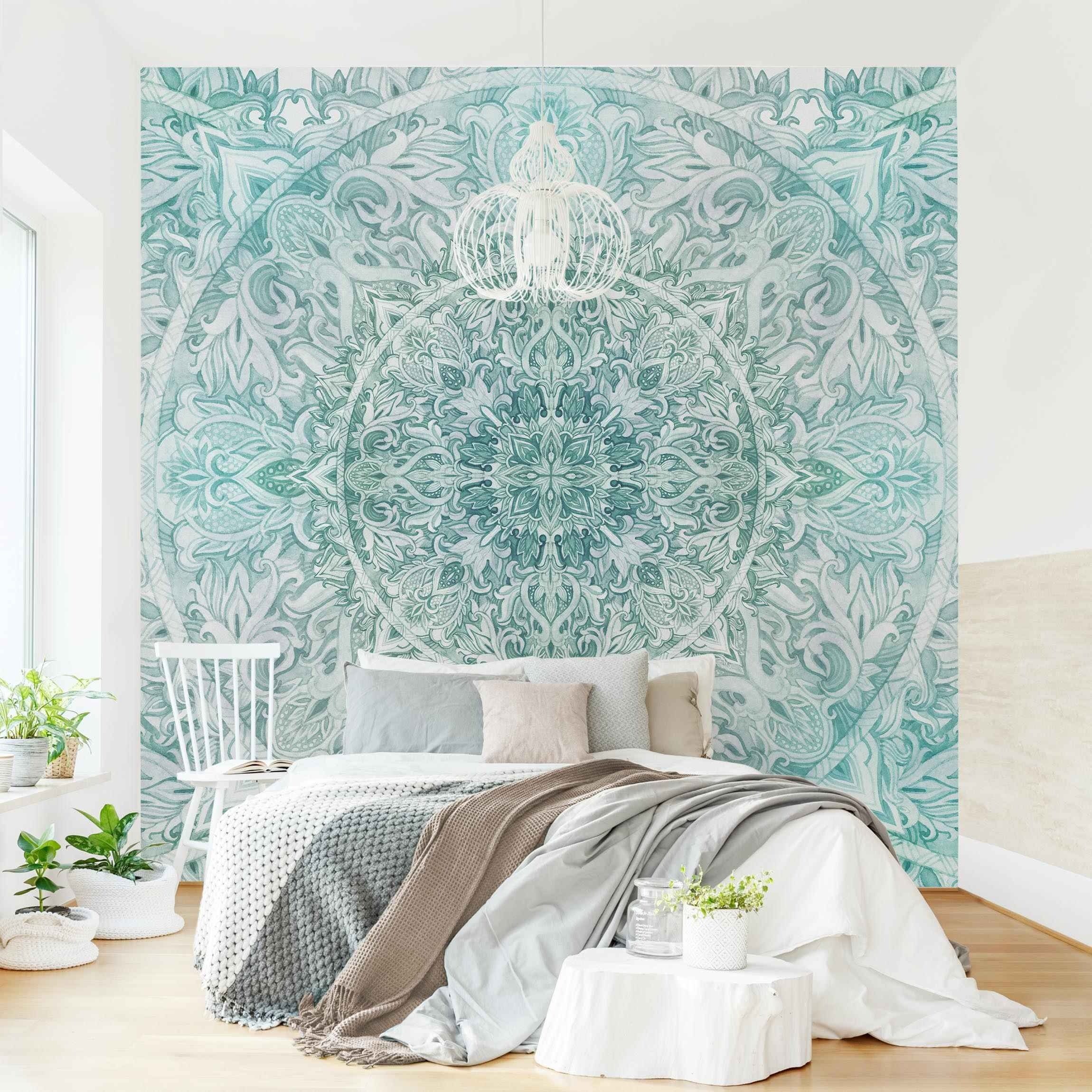 Bilderdepot24 Mustertapete Spirituell Mandala Aquarell Ornament Muster türkis Muster Wanddeko, Glatt, Matt, (Vliestapete inkl. Kleister oder selbstklebend), Wohnzimmer Schlafzimmer Küche Flur gemusterte Vliestapete Wandtapete