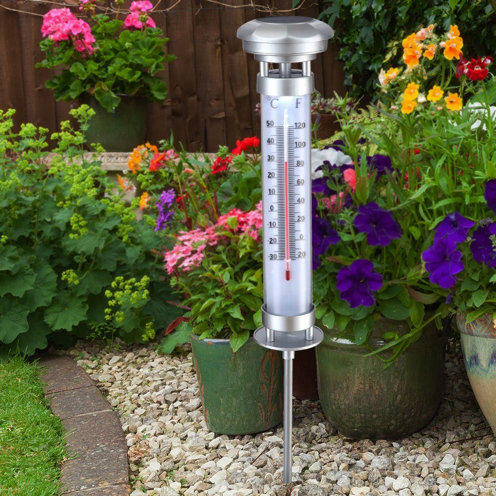 Thermometer Gartenleuchte, Warmweiß, fest Kugel Globo Solarleuchte LED Solarlampe LED-Leuchtmittel Außenlampe LED Akku verbaut,