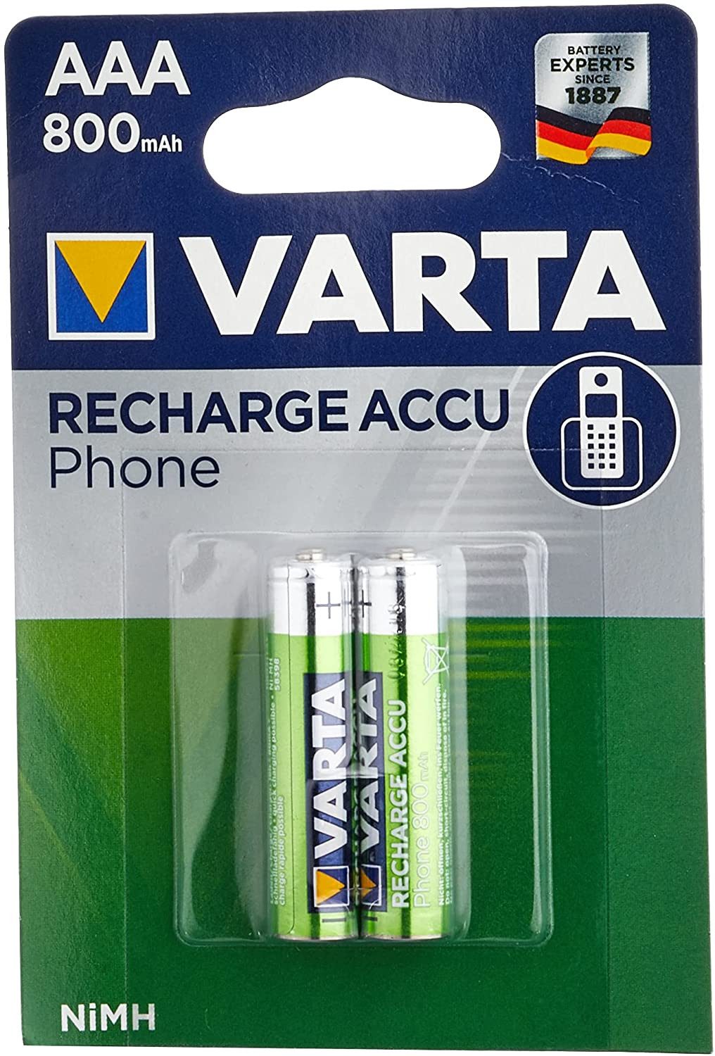 VARTA Akku AAA 800 mAh, wiederaufladbar, für schnurlose Telefone, 2er Akku