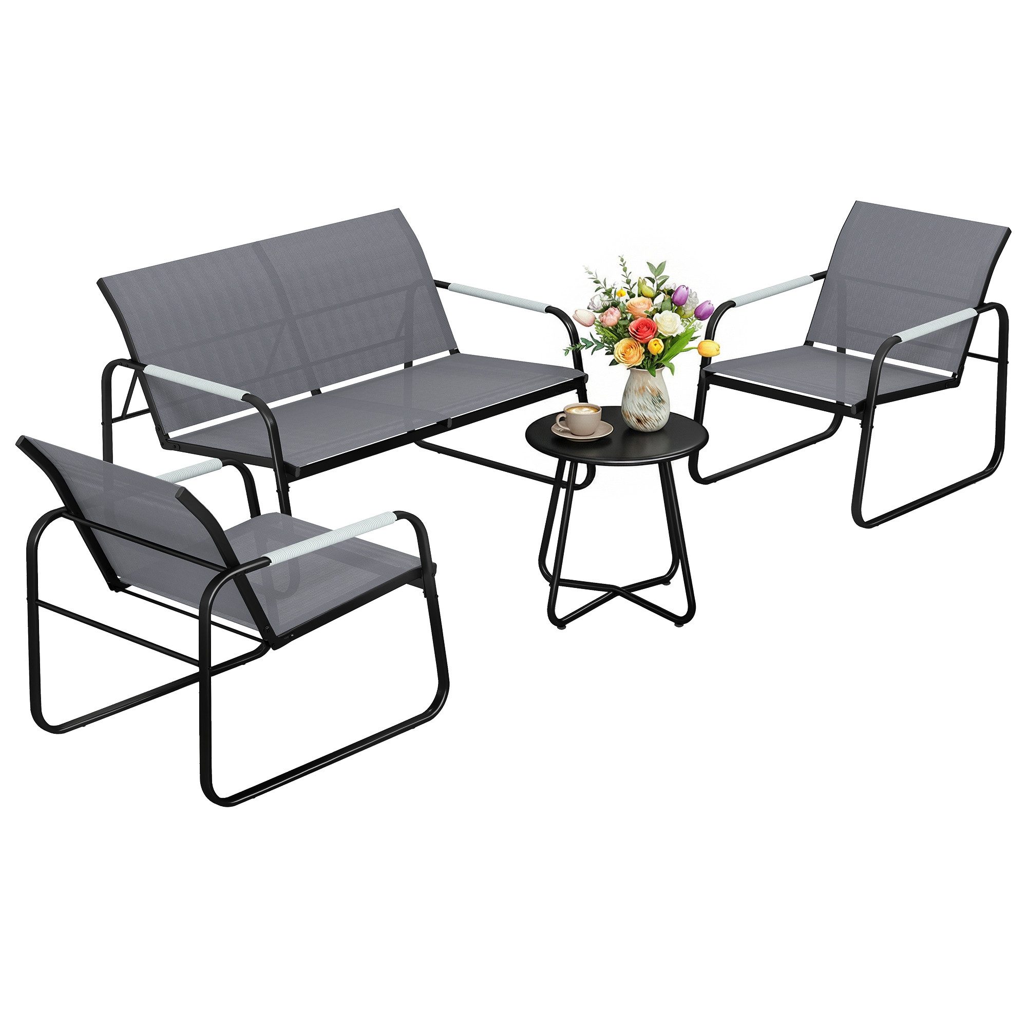 Outsunny Sitzgruppe mit 2er Sofa, 2 Sessel, Seilflecht, Rund Tisch, Fußpads, (Atmungsaktiv Gartenlounge, 4-tlg., Gartenmöbel Set), für Garten Balkon Grau