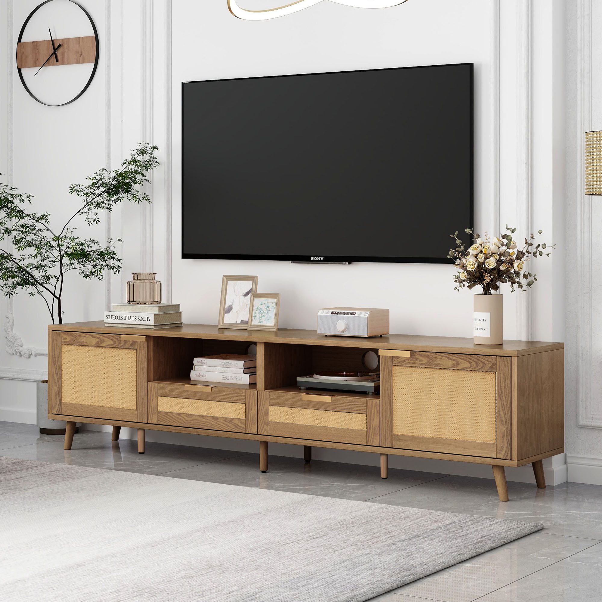 Odikalo TV-Schrank Holz-TV-Ständer mit Echtholzfüßen Rattandesign günstig online kaufen