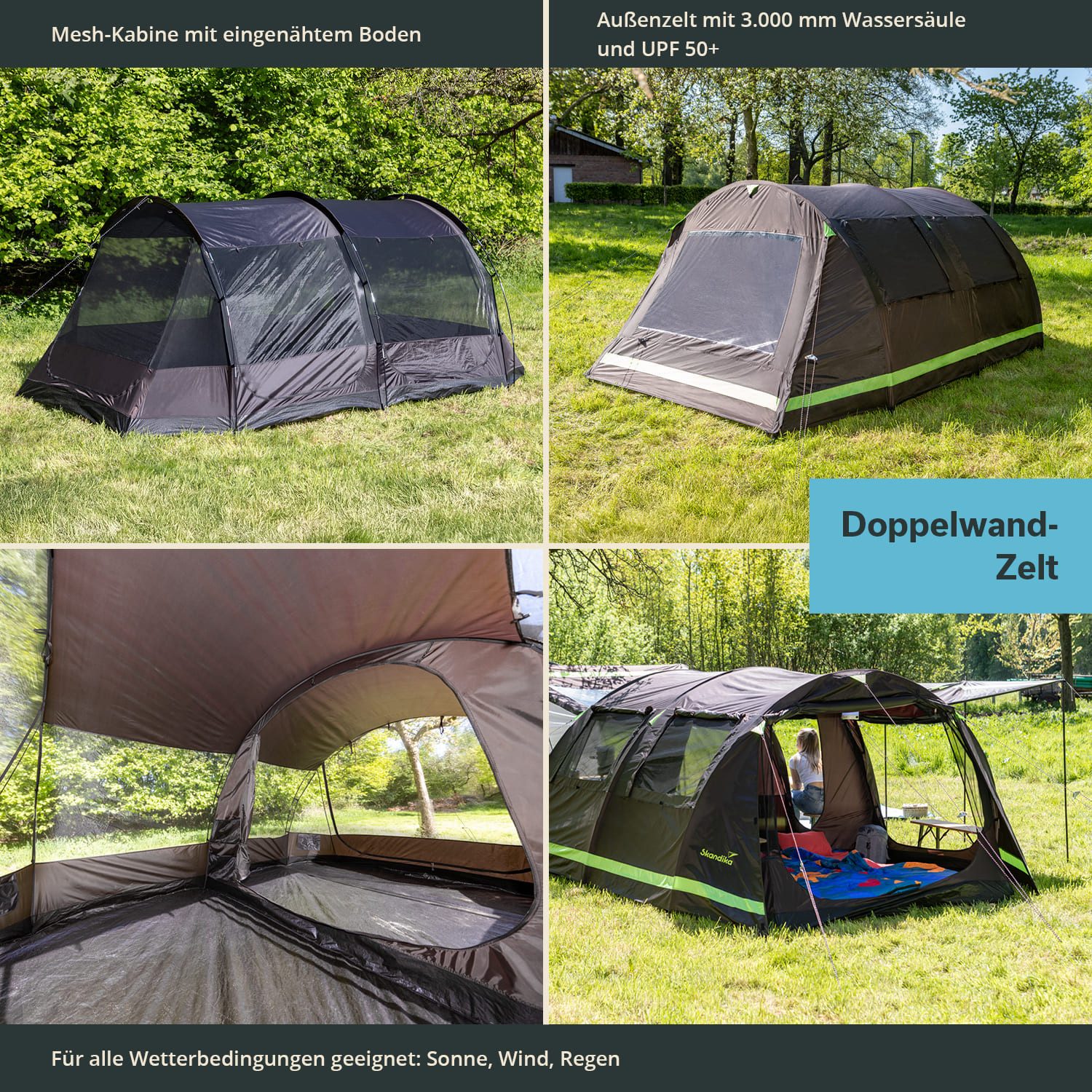 Skandika Tunnelzelt Campingzelt, Familienzelt, Solheim 4 Protect, 170 cm Stehhöhe, eingenähter Zeltboden, 3000mm Wassersäule, UPF 50+, mit Moskitonetz