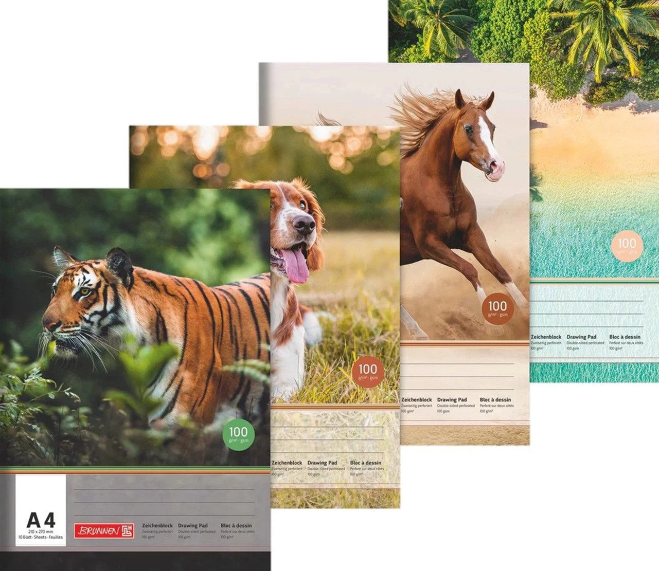 BRUNNEN Schulheft BRUNNEN Zeichenblock A4 mit Tiermotiven - Premium Zeichenpapier 100g/m