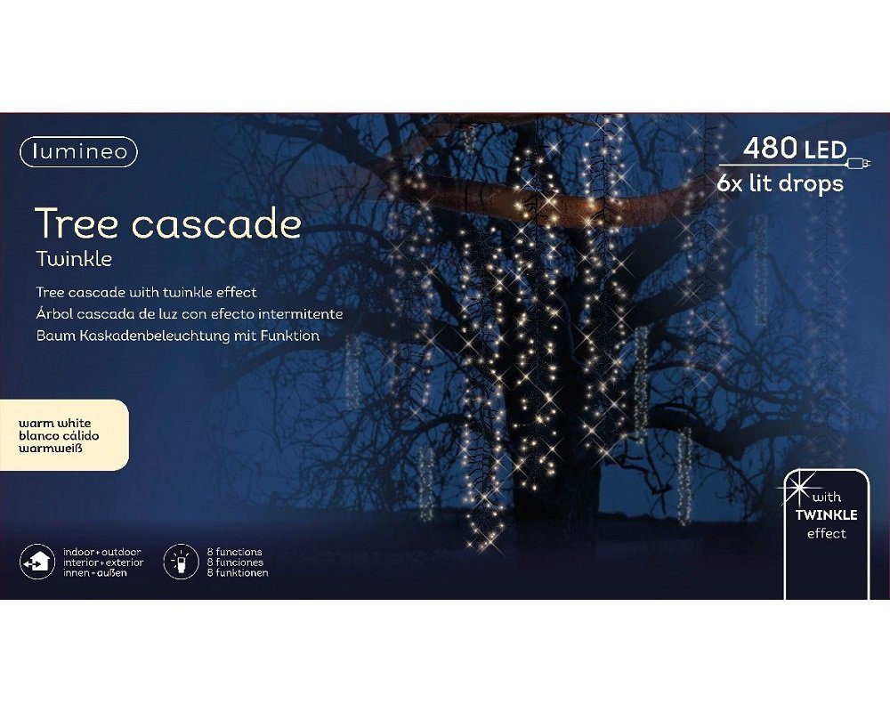 Lumineo LED-Lichterkette Lumineo Baumbeleuchtung, Cluster Twinkle 480 LED 6 Stränge, warm weiß, 8 Twinkle-Modi, 8h-Timer, Indoor/Outdoor, 10 m Zuleitung