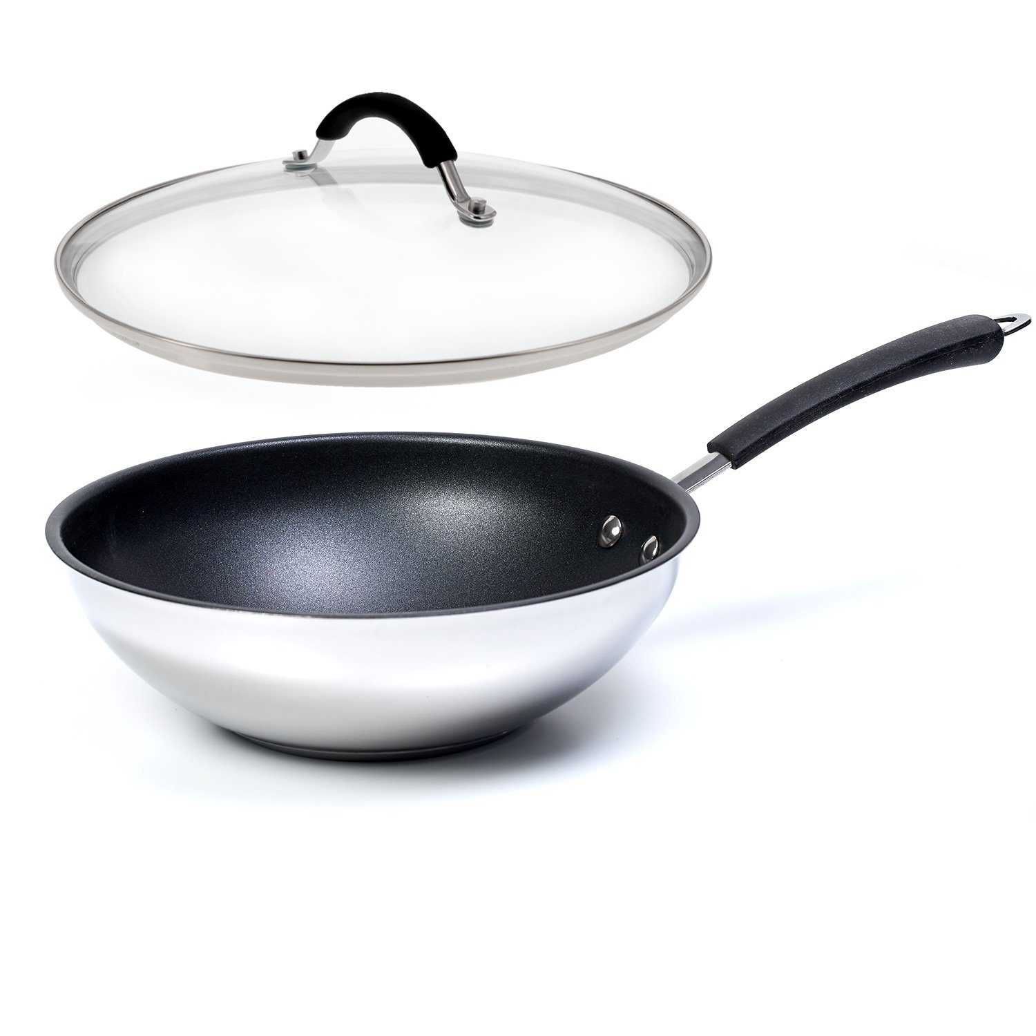 Pfanne 26cm Silikongriff Edelstahl 2tlg (Wokpfannenset), Coolinato Set Glasdeckel, mit + Wok