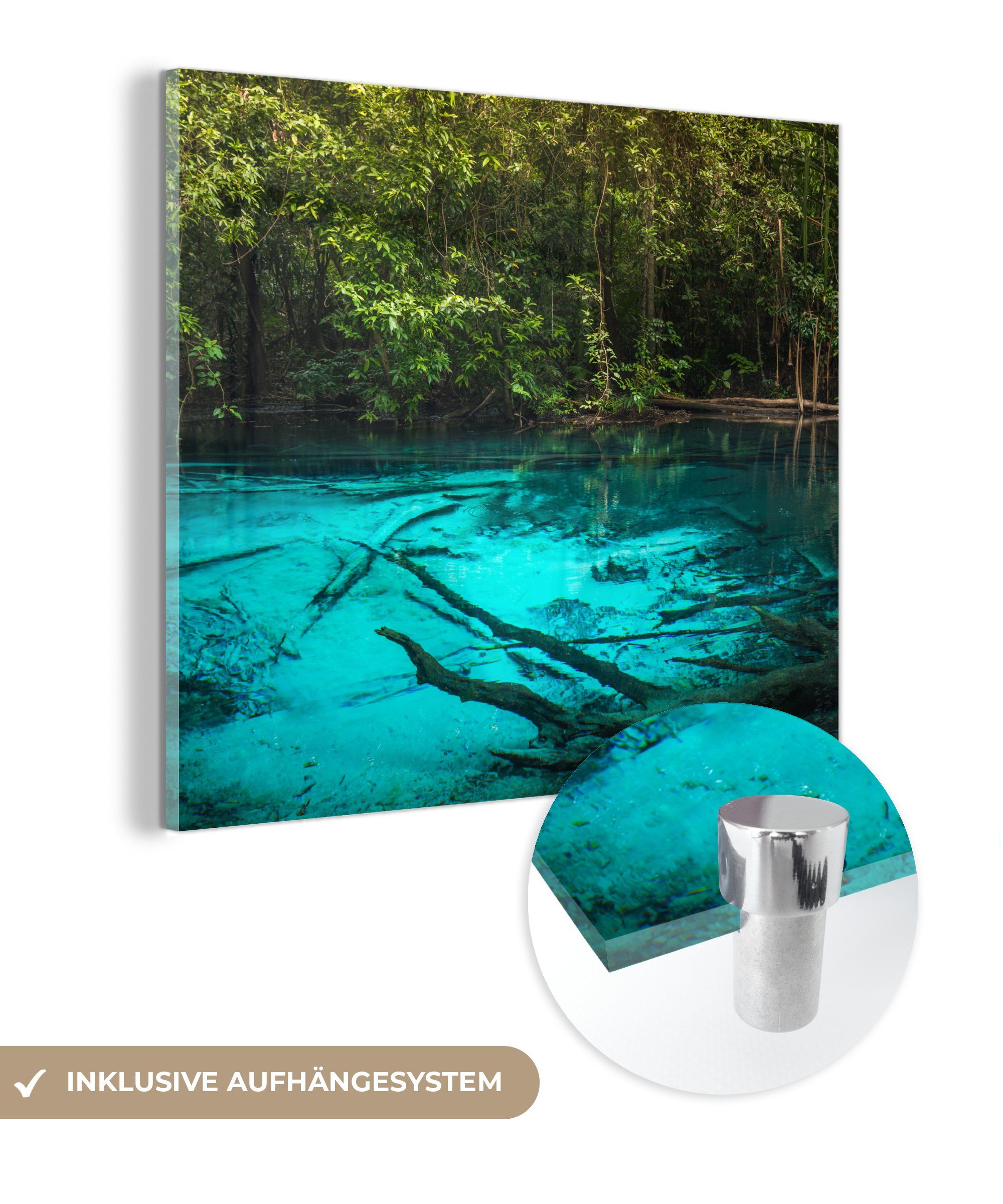 MuchoWow Acrylglasbild Leuchtend blauer See im Dschungel, (1 St), Glasbilder - Bilder auf Glas Wandbild - Foto auf Glas - Wanddekoration bunt