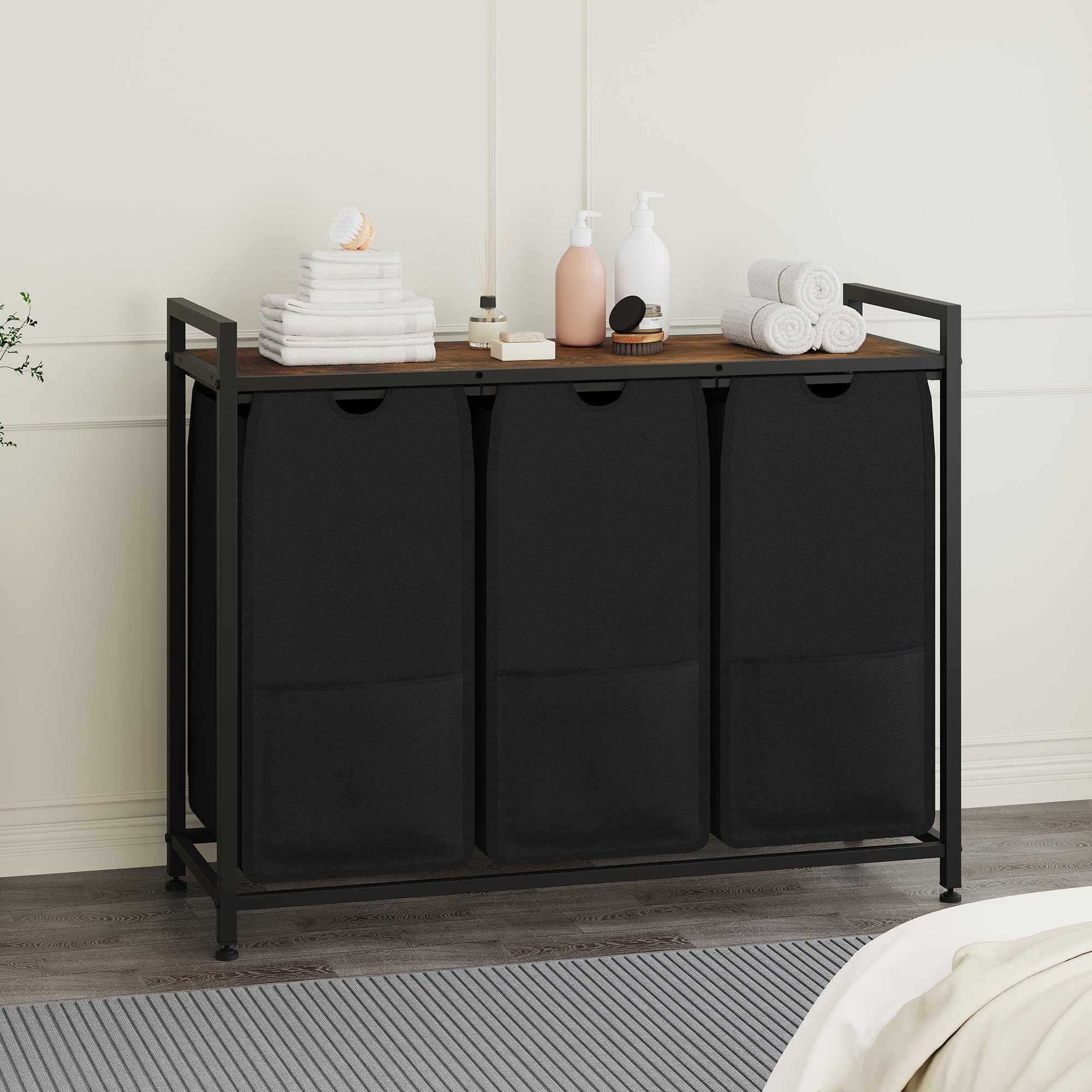 GarveeMore Wäschekorb 3 Schubladen mit abnehmbaren Stoffbeuteln, Schwarz & Braun (für Schlafzimmer, Bad & Waschküche, 90×35×70 cm), Zusätzliche Ablage, Schubladen und verstellbare Füße