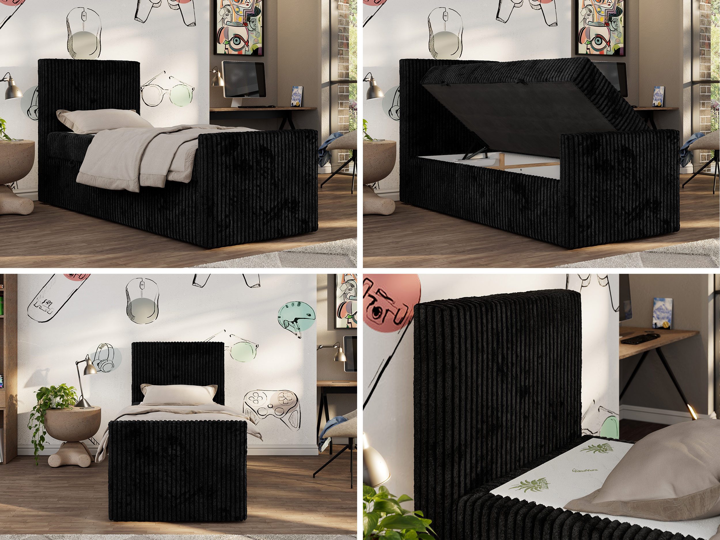 MKS MÖBEL Jugendbett TILIO DUO (Set, T30 Schaum, 7 Härtezonen, Multipocket Matratze), Einzelbett 90x200, hohe Kopfteil, Cordstoff, Bett mit Stauraum