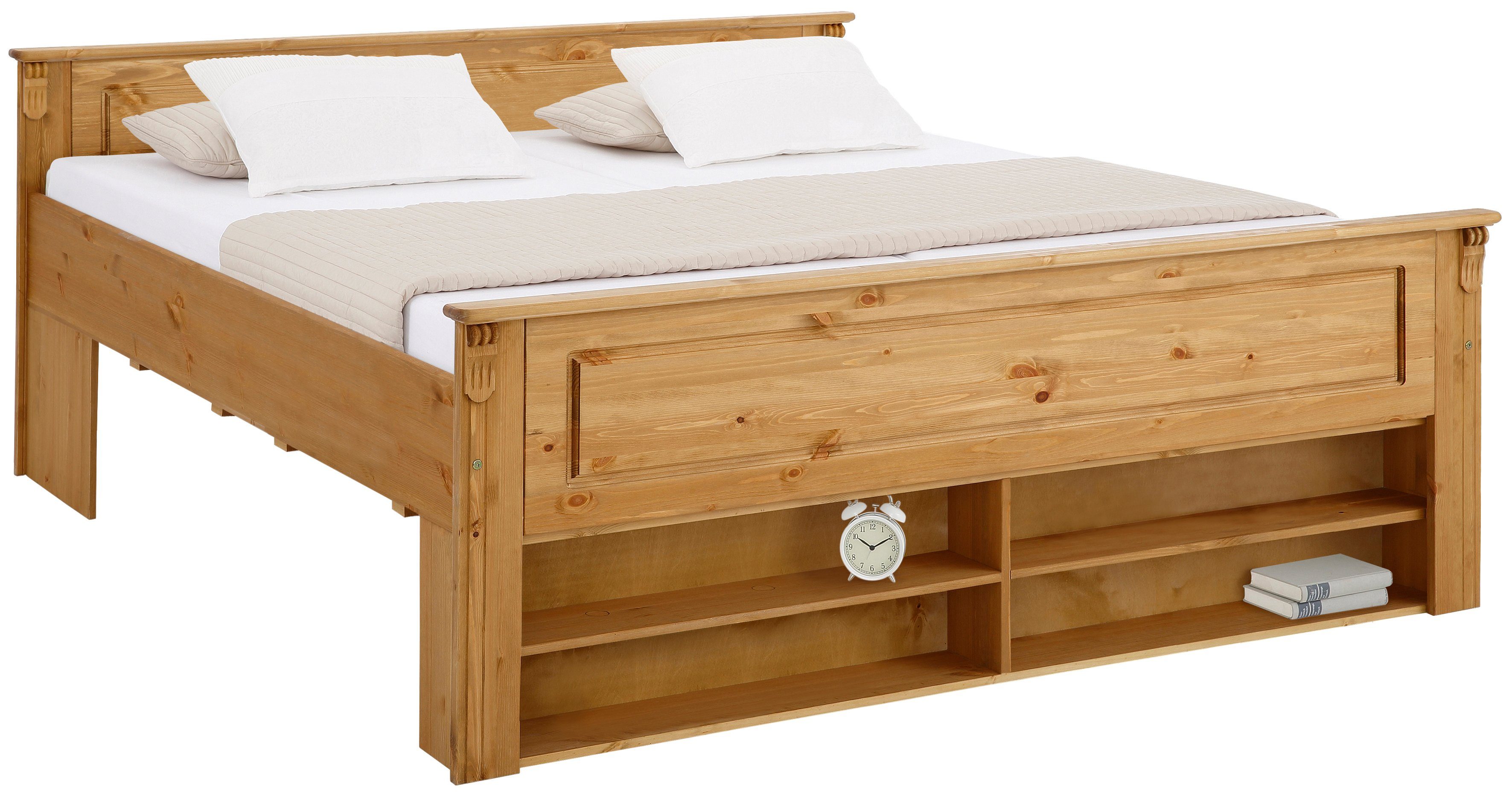 Home affaire Massivholzbett Tessin, Stauraumbett, Landhausstil, Schubladen optional, rustikal (Breite/Belastbarkeit 180cm/220 KG, 140cm/180 KG), zertifizierte Kiefer, Kassetten-Optik, stabile Qualität