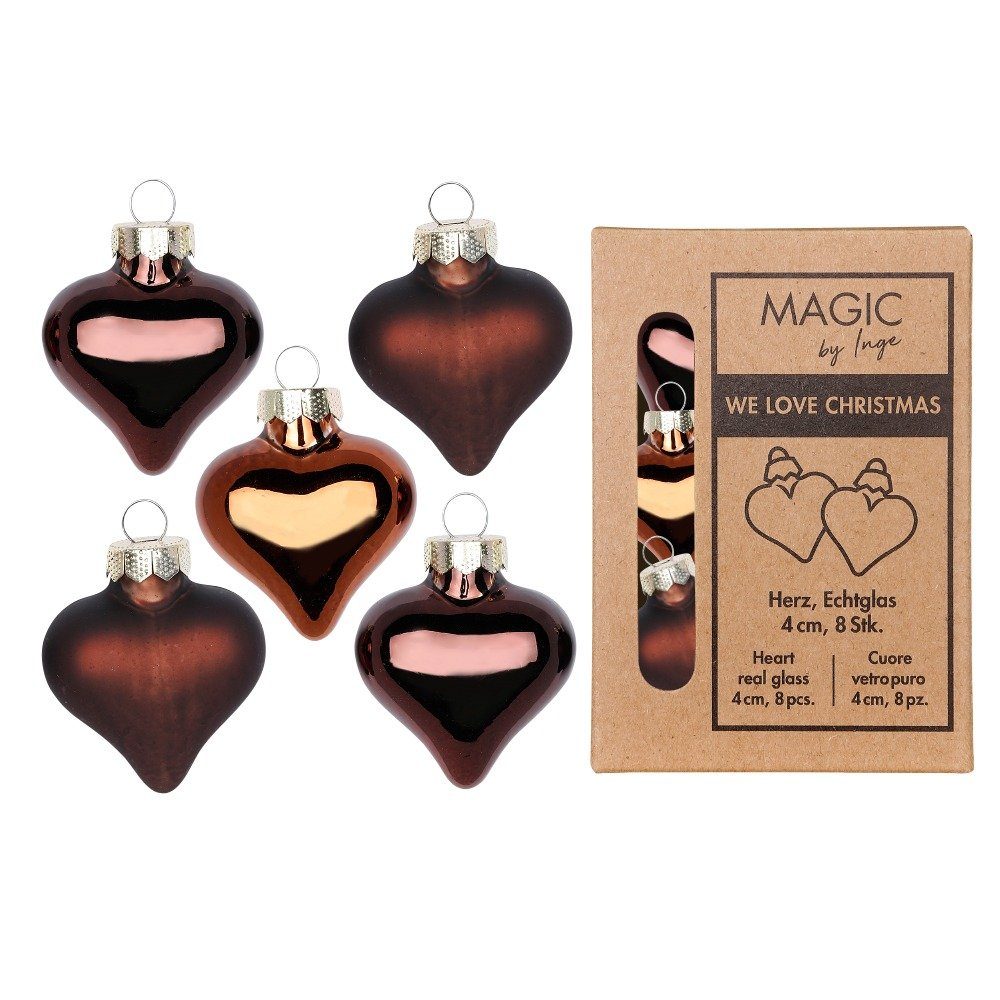 MAGIC by Inge Christbaumschmuck, Christbaumschmuck Herzen 4cm Glas 8 Stück - Cognac Diamond